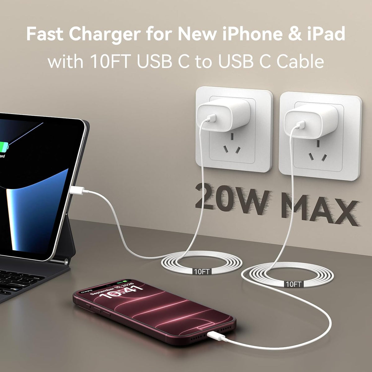 iPhone 18 17 16 15 Pro Max Charger Fast Charging 20W 10 FT Long USB C Cable