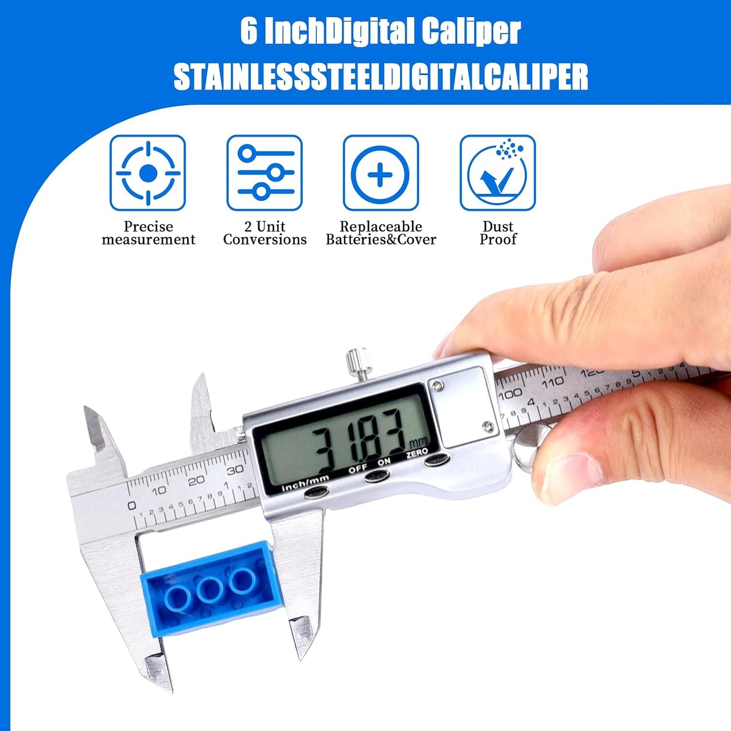 Digital Caliper Measuring Tool,Caliper Measuring Tool with Stainless Steel, Micrometer Dial Vernier Caliper Digital,Large LCD Screen, IP54 Splash Proof, Auto-Off Feature,6 Inch/150mm Caliper Tool