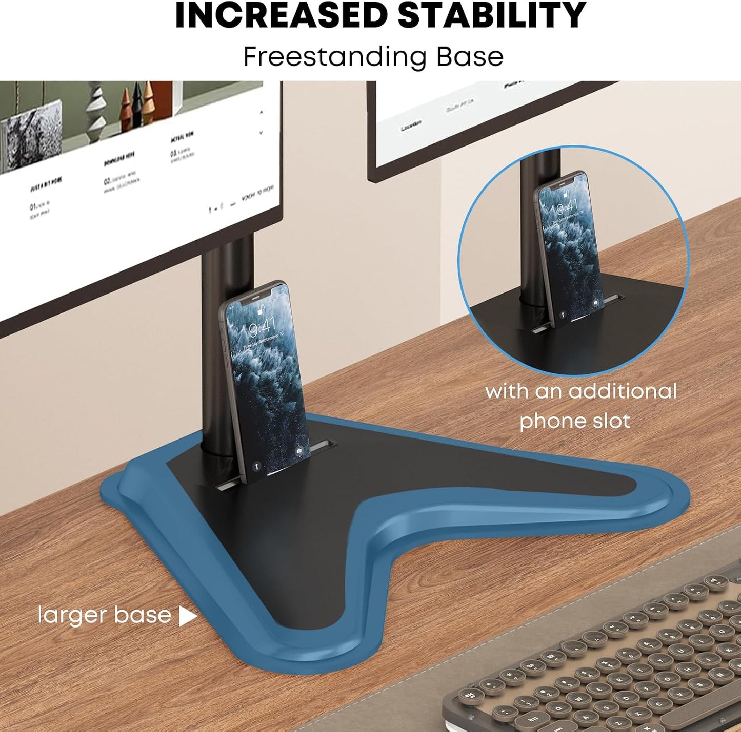 PUTORSEN Quad Monitor Stand for 4 Screens, 17-32", 19.8 lbs Each | Stacked 4-Screen Desk Mount with Full-Motion Arms, VESA 75/100, Tilt, Swivel & Rotation, Larger Base with Phone Slot, Black