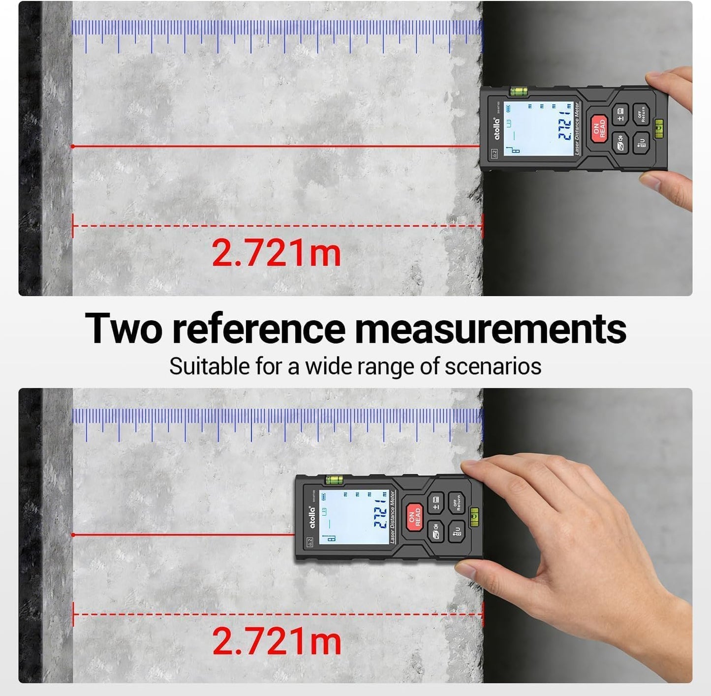 atolla Laser Tape Measure, Laser Distance Meter with Bubble Level | 4 Measurement Modes, 99 Measurement Memory, Backlit LCD, M/in/ft Unit Switching, Waterproof IP54, One Button Operation
