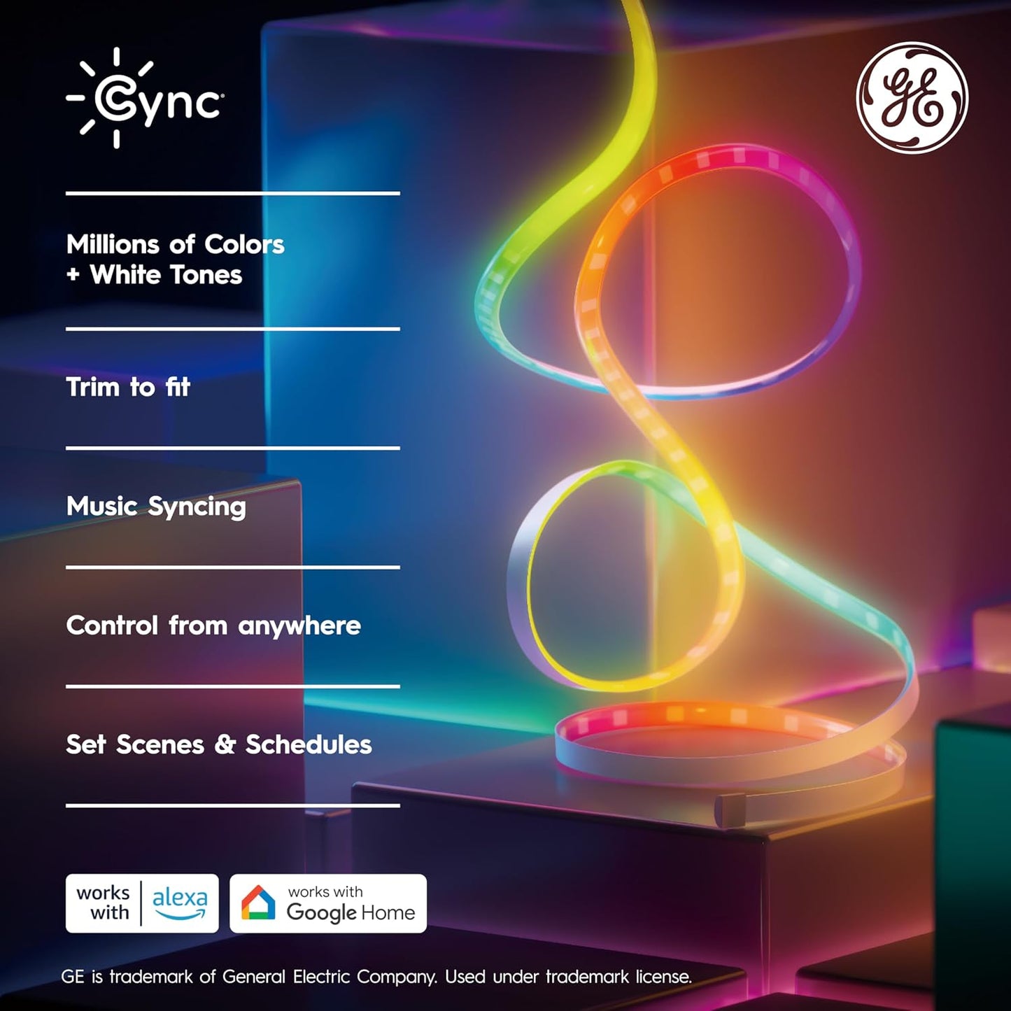 Cync GE Dynamic Effects RGB Smart LED Strip Lights, Music Sync, 32ft | Color changing WiFi strip, music sync, Alexa &amp; Google Home compatible, bedroom ambiance, indoor, 32ft with power supply