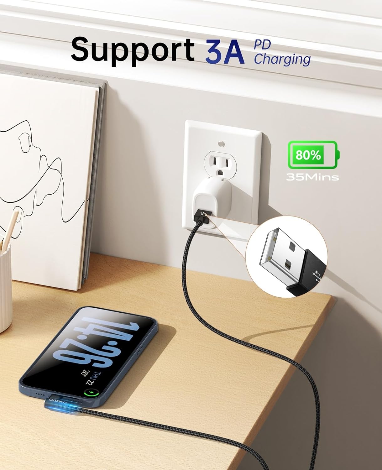 USB to USB C Cable 90 Degree [2Pack 10ft] 3A Right Angle USB C Cable Extra | Long Heavy Duty USB Type C Cable Fast Charging, for iPhone 17/16/16e/15 Pro Max, Samsung Galaxy, Android Phones, and More
