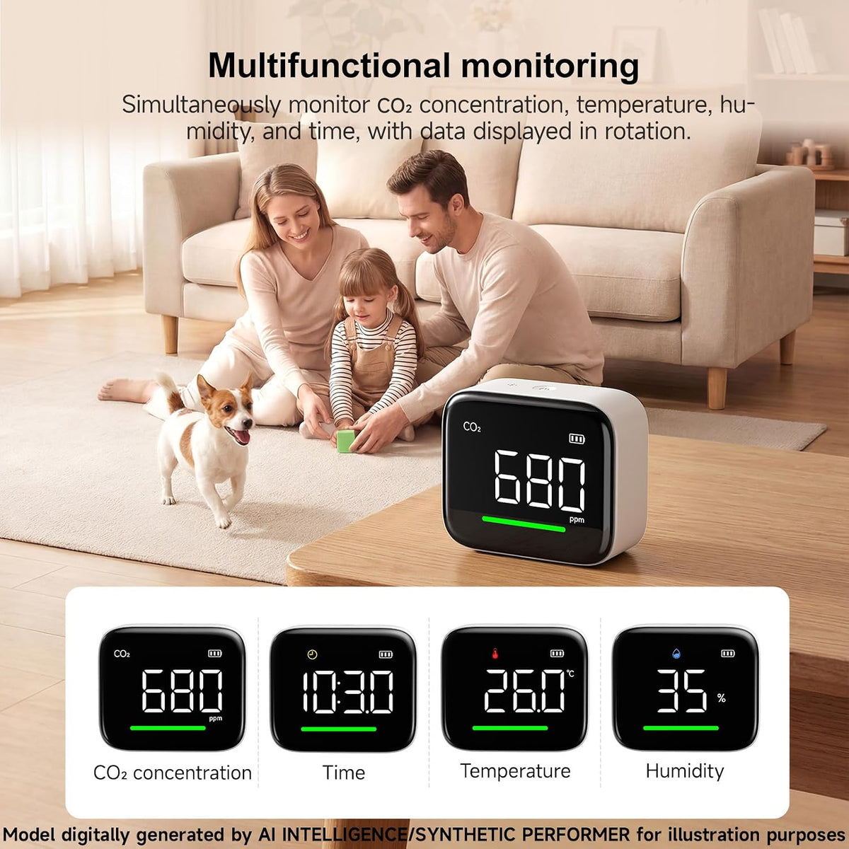 ATuMan 4-in-1 CO₂ Detector, Indoor Air Quality Monitor, NDIR Sensor | 4-in-1 Design, Temperature, Humidity, Time，CO2, NDIR Sensor, 2200mAh Rechargeable, 3-Color Alert, Portable, 3.0" Display