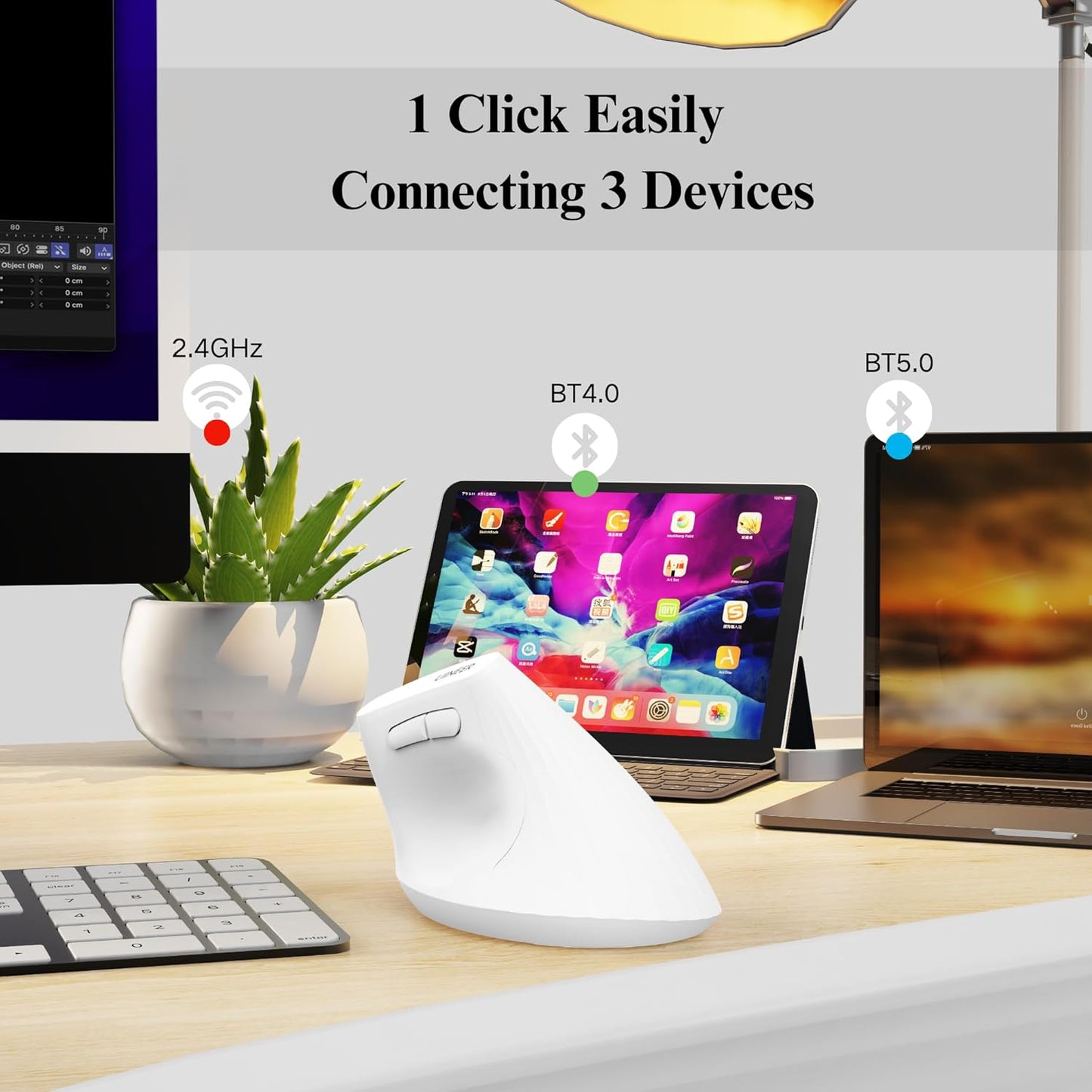 Uineer Vertical Ergonomic Mouse, Wireless Bluetooth Mouse, 3-Device,Quiet | Switch among 3 devices; side scroll wheel supports horizontal navigation for documents and spreadsheets.