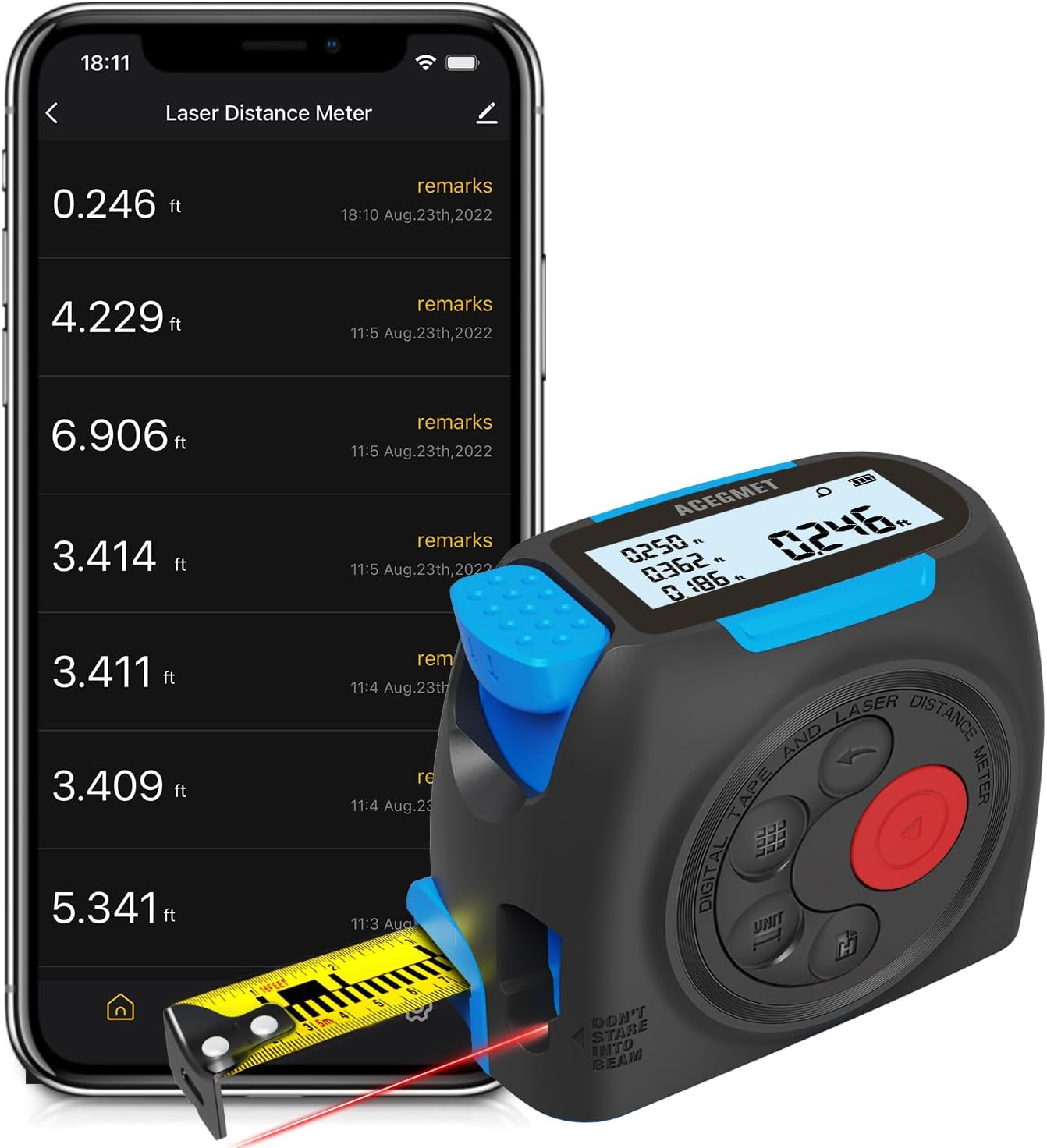 3-in-1 Digital Tape Measure, 130ft Laser Distance Meter and 16ft Auto-Lock Measuring Tape, Smart App Sync for Floor Planning, ±1/16" High Precision, 2" Backlit LCD, USB-C Rechargeable, IP54