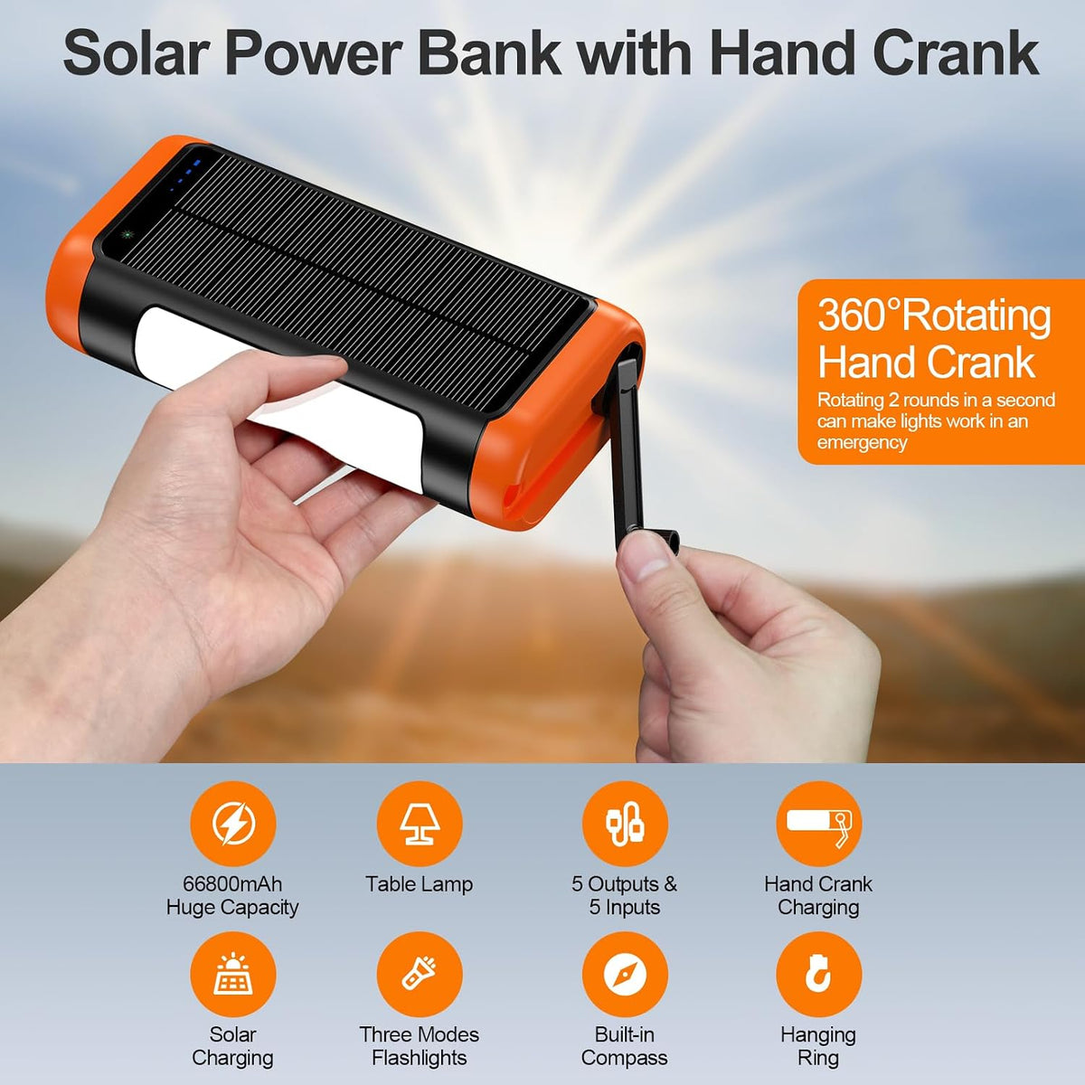 Solar Power Bank Portable Charger 66800mAh Battery Pack for Camping | Built Cables,Hand Crank,22.5W Fast Charging,Flashlights,Table Lamp,Compass,5 Outputs,5 Intput