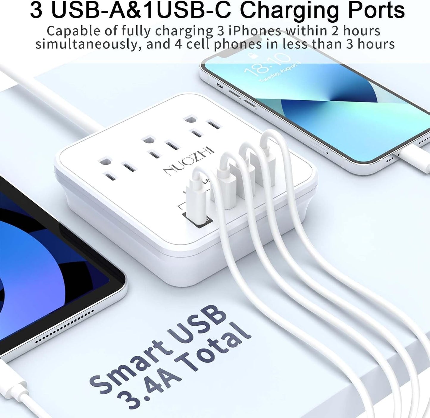 Cruise Essentials, NUOZHI 6 Ft Power Strip with 3 Outlets and 4 USB Ports(1 USB C), Non Surge Protector for Cruise Ship, Travel, Home Office, ETL Listed, White