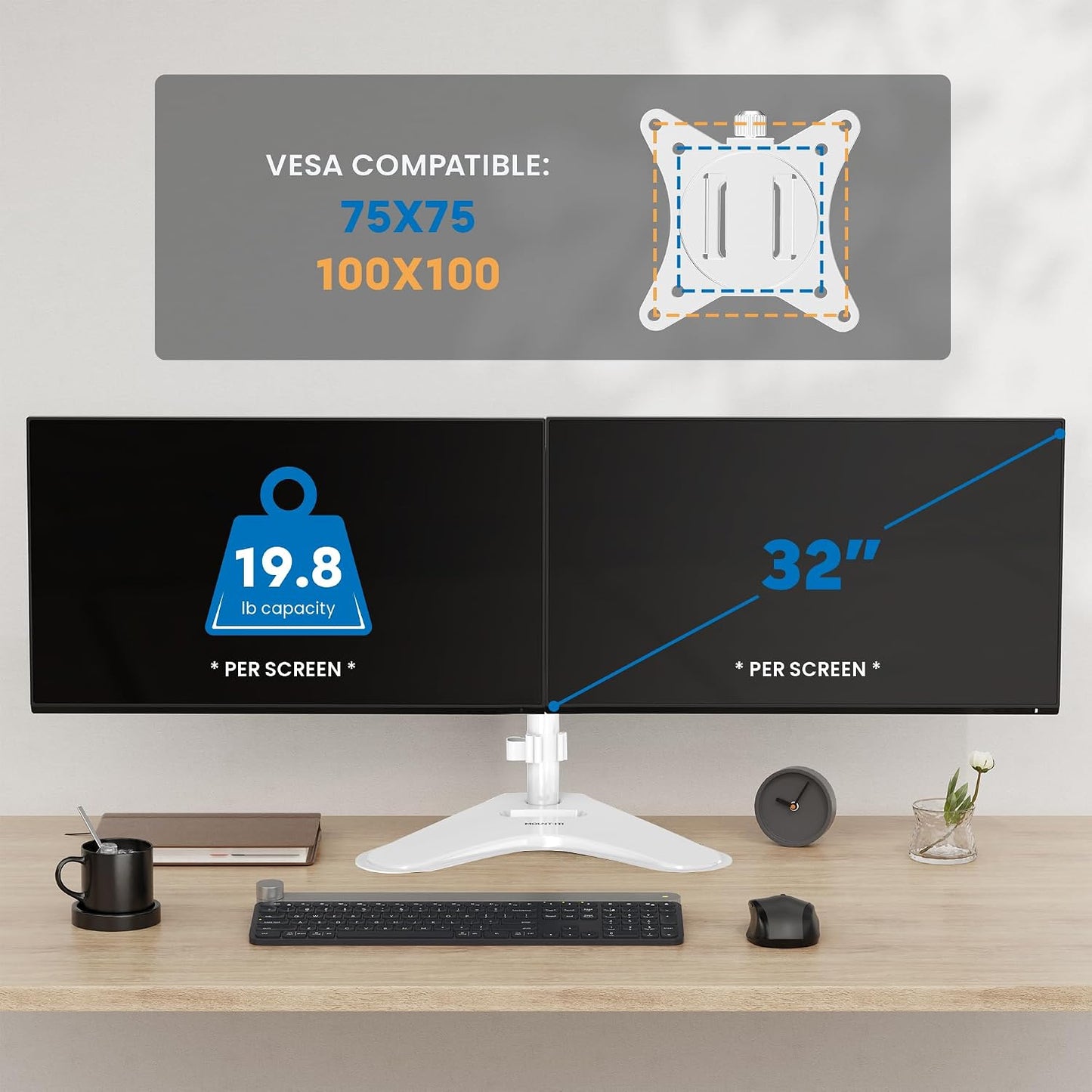 Mount-It! Dual Monitor Desk Stand Mount for 2 Screens VESA 75x75 & 100x100 | Fits two VESA 75x75/100x100 screens, sturdy desk stand for a clean dual-monitor workstation.