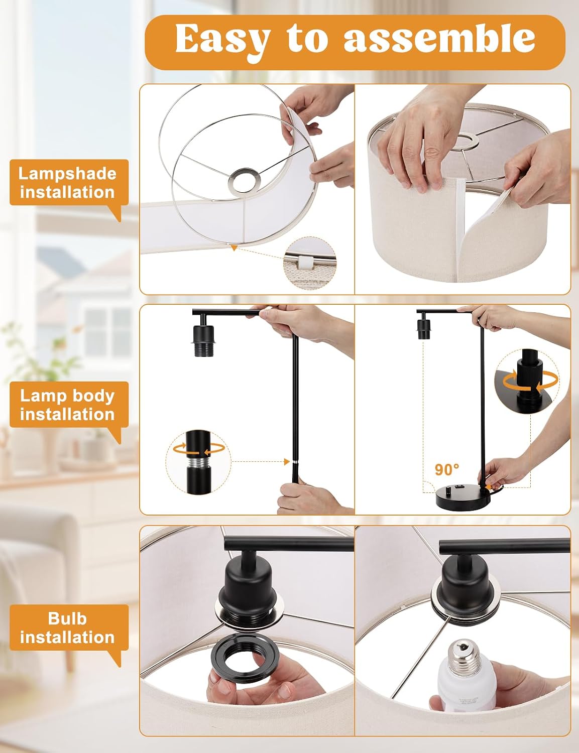 20.7" Tall Table Lamp with USB & Outlet, Fully Dimmable Nightstand Lamp | Linen Lampshade, USB Port and Outlet, Black Desk Lamp for Bedside, Living Room, Guest Room, Home Office, LED Bulb Included