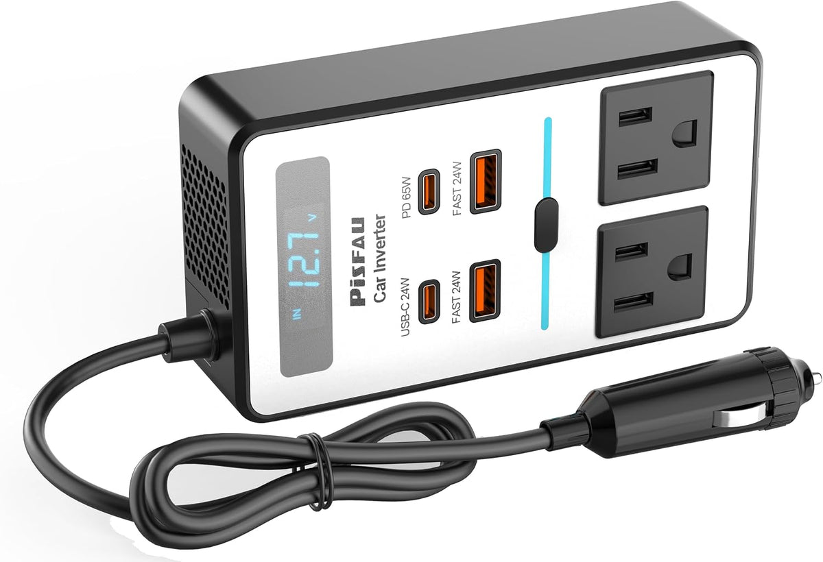 PiSFAU 200W Car Power Inverter - DC 12V to 110V AC Car Plug Adapter Outlet | Dual AC Outlet 4.8A 24W USB-A/C, Portable Cigarette Lighter Charger for Laptop/Camping/Road Trip Essential/Vehicle Accessorie