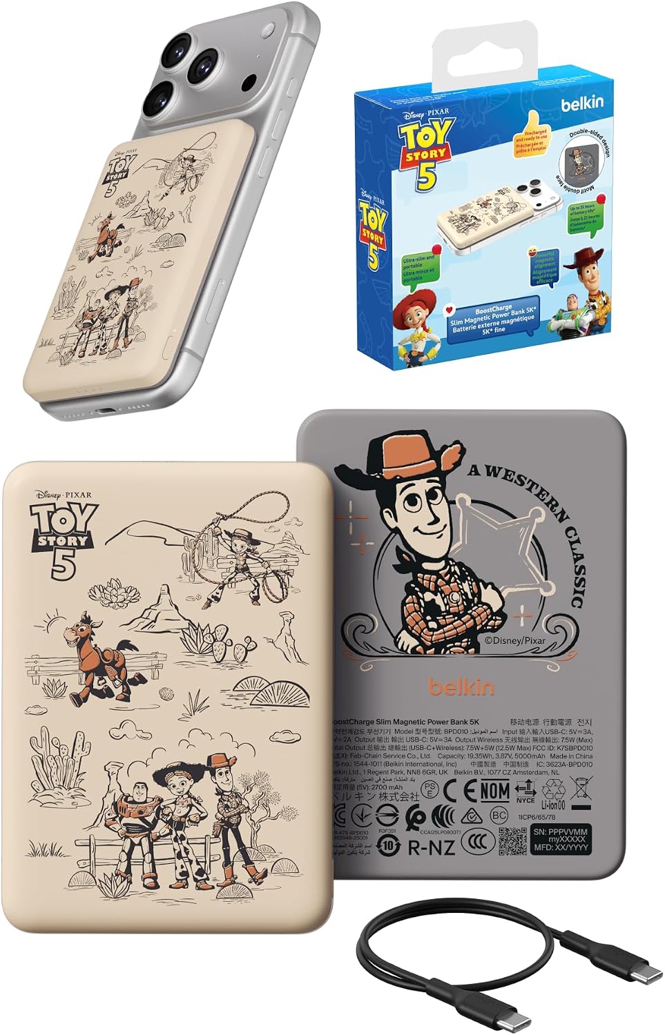 Belkin Disney Toy Story 5 Magnetic Power Bank 5000mAh Portable Charger | Wireless Charging Battery Pack, iPhone 17, iPad, Samsung Galaxy, Pixel, Ultra Slim, USB C Port, USB C Cable, Charge 2 Devices