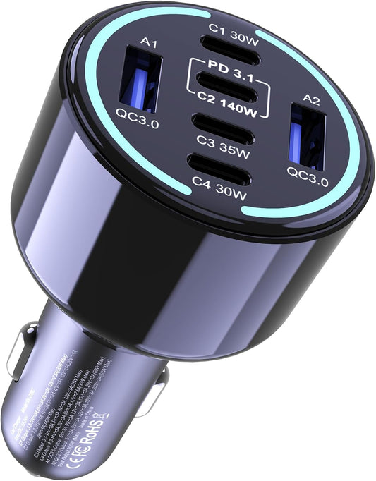 CHIPOFY 300W USB C Car Charger, 6 Ports (4 USB C + 2 USB A) | PD3.1 140W PPS 45W QC 60W Super Fast Charging for MacBook Laptop, iPhone 16 15 Pro Max, iPad, Galaxy S24/S23