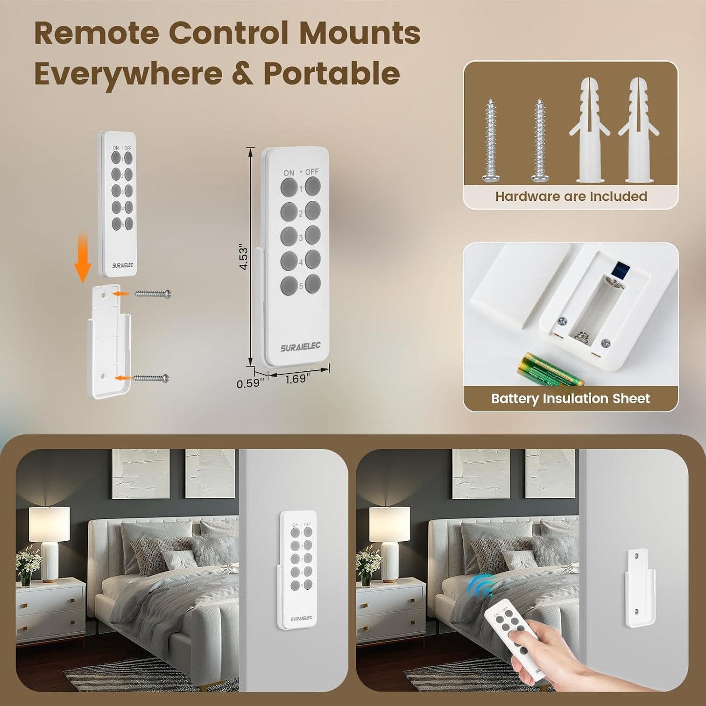 SURAIELEC Remote Control Outlet, Wireless Light Switch - 5 Outlets + 2 Remotes, 15 AMP, 100FT Range, No Interference, Remote Light Switch Kit for Lamp, Fan, Christmas Tree Light, Household Appliance