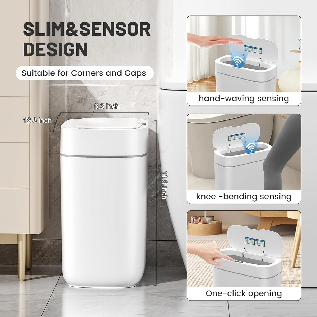 JUDRDO 3.5 Gal Slim Touchless Bathroom Trash Can, Automatic Diaper Pail