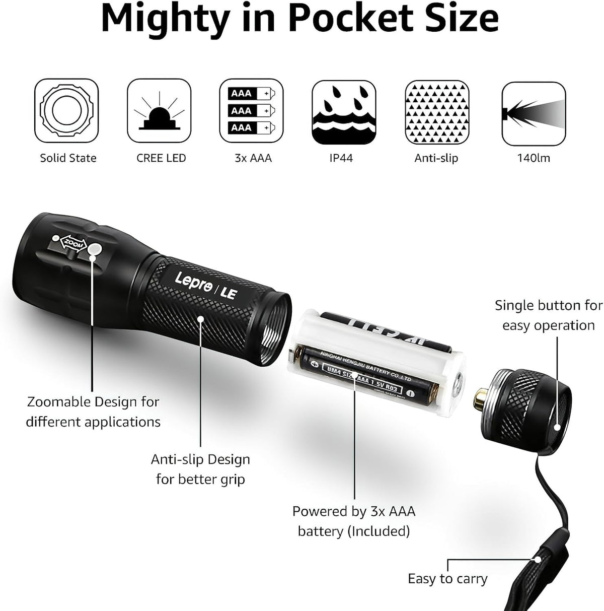 Lepro Lighting Ever LED Flashlight, High Lumens Waterproof Adjustable Focus | Small, lightweight. For outdoor, camping, emergency, tactical use. AAA batteries included. Adjustable zoom focus.