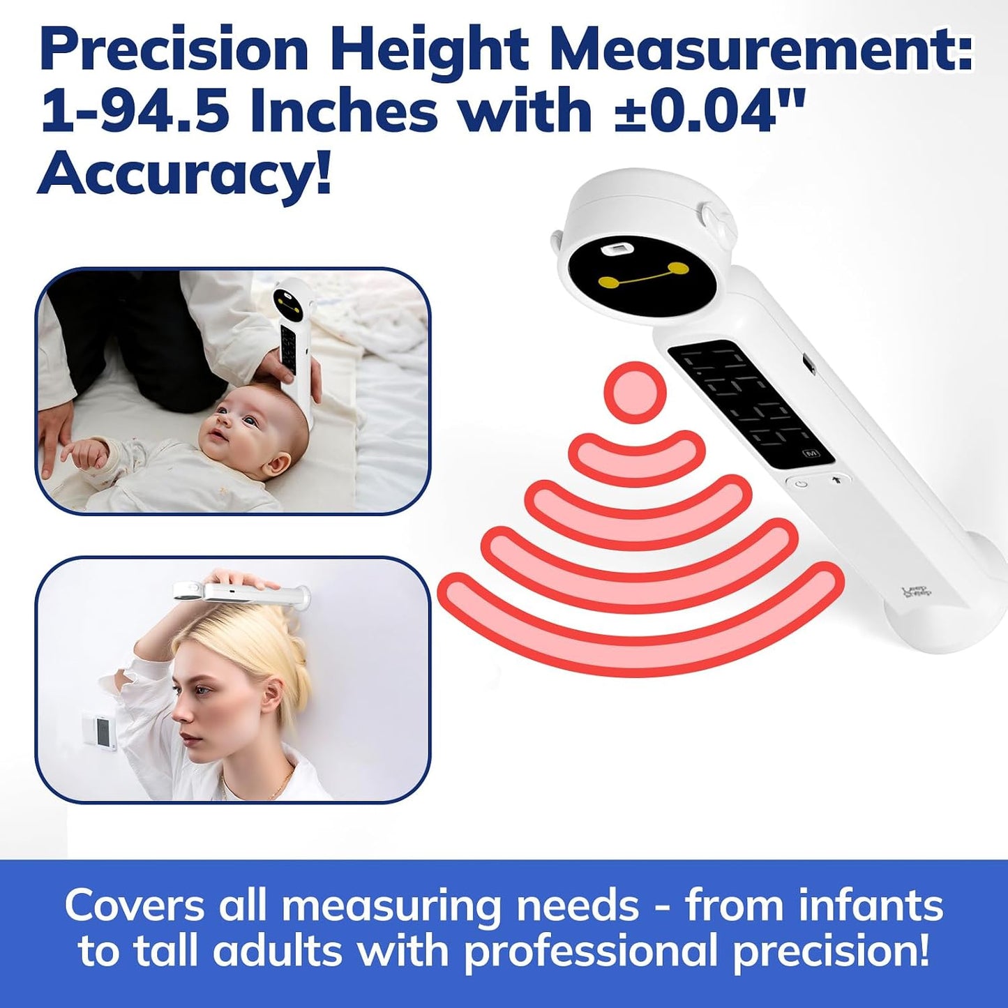 Portable Height Measurement for Kids & Adults | 3-Second Infrared Digital Height Measurement Tool for Wall (94.5in Range), LED Display, Type-C Charging, White