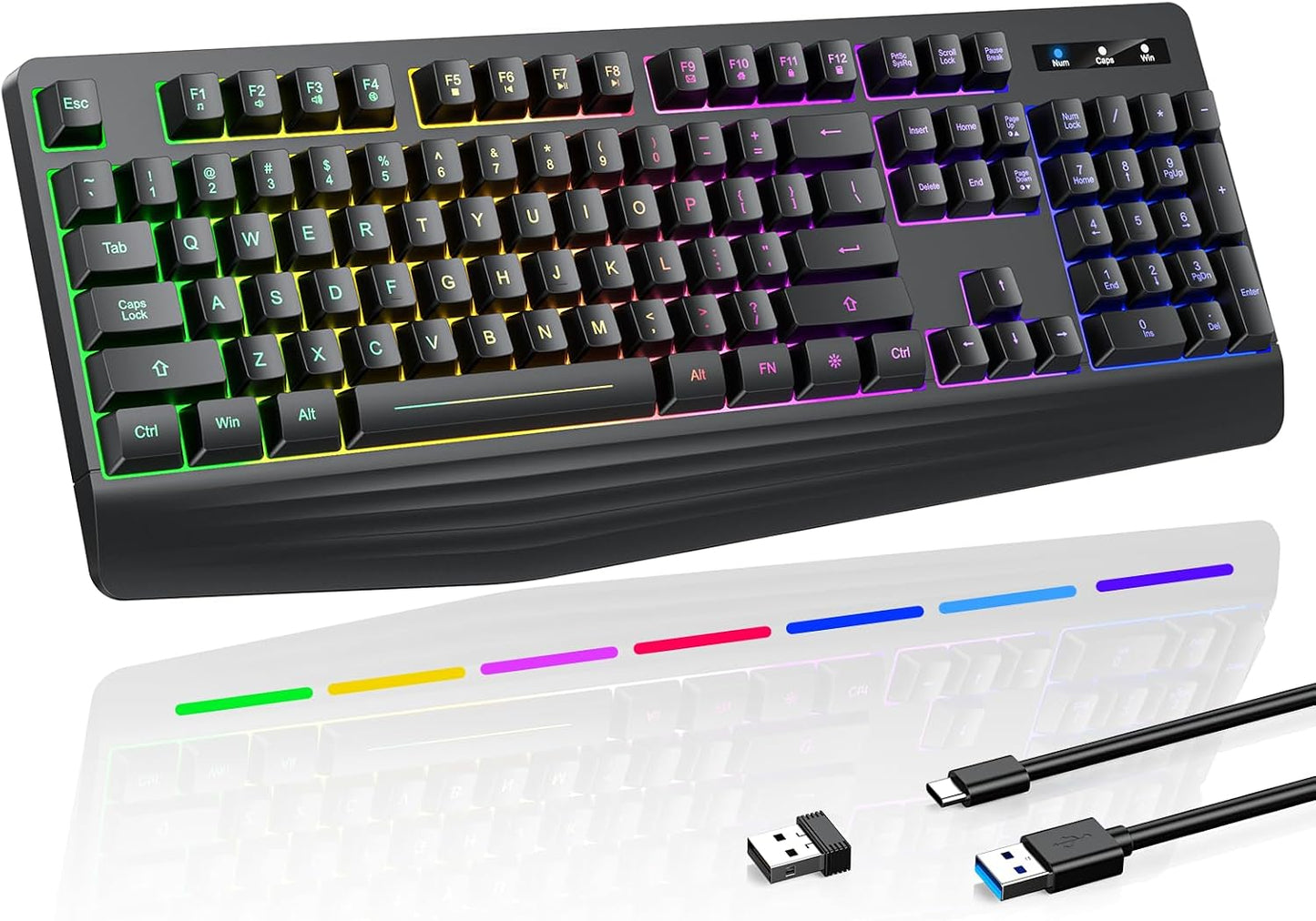 yesbeaut Gaming Keyboard, 7-Color Rainbow LED Backlit, 104 Keys Quiet Light Up Keyboard, Wrist Rest, Whisper Silent, Anti-ghosting Multimedia Keys, Waterproof USB Wired Keyboard for PC Mac Xbox