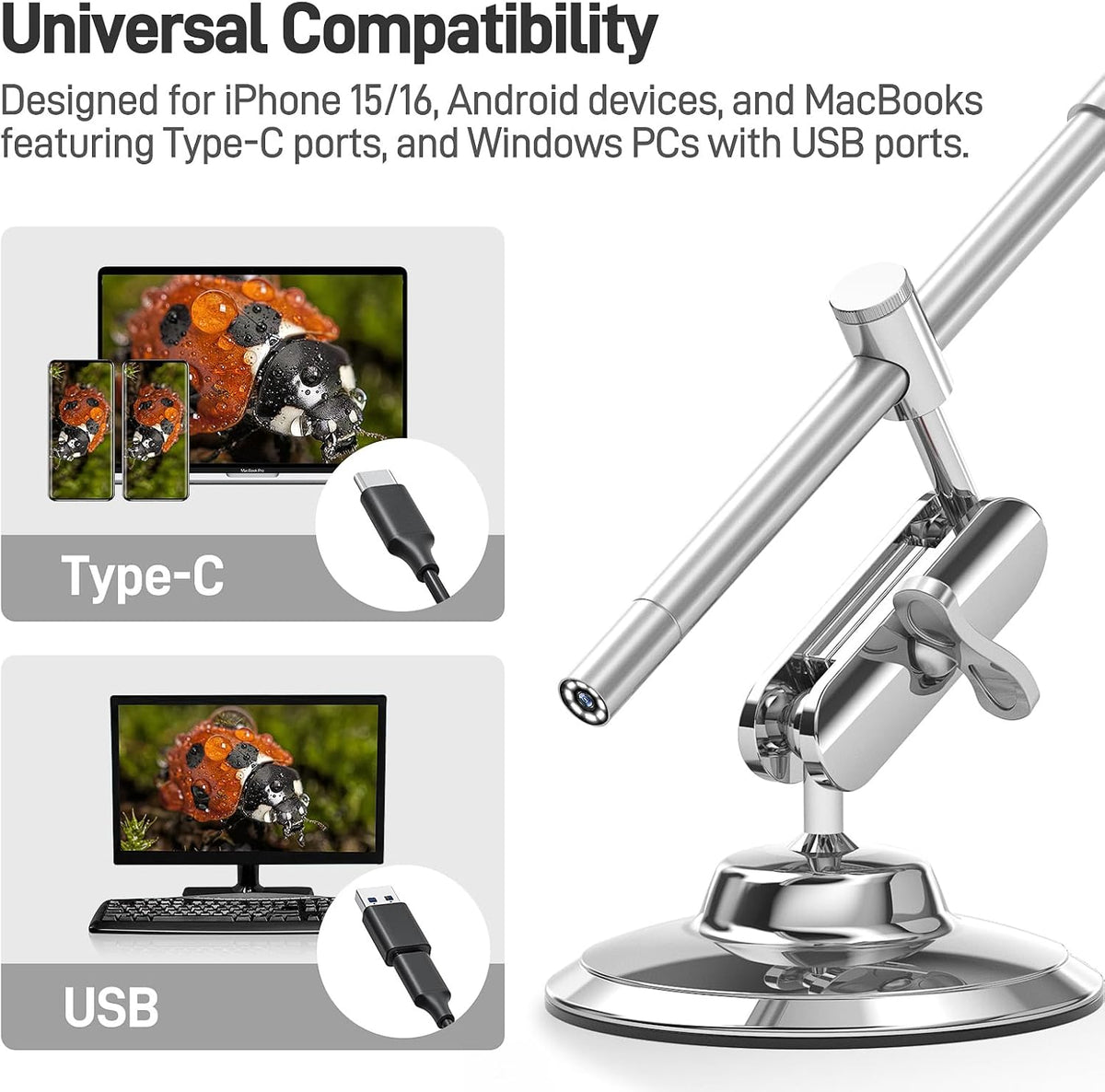 Teslong USB-C Digital Microscope 10X-200X for Coin & Electronics Inspection | Handheld Camera with 8 LEDs & Rotating Metal Stand - Compatible with iPhone 15+ & Android, PC, for Skin, Jewelry, Lab Work