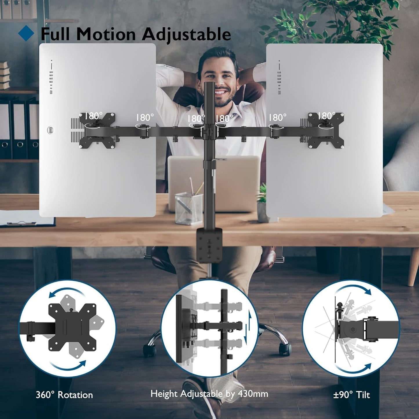 BONTEC Dual Monitor Desk Mount, 13-27 Inch, 22lbs, VESA 75x75/100x100,Black | Full Motion Adjustable Stand, Heavy Duty Arms, C Clamp and Grommet Base, Cable Management for Flexible Screen Positioning