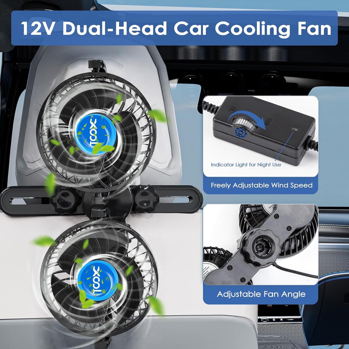 XOOL Electric Car Fans for Rear Seat Passenger Portable Fans Headrest 360 Degree Rotatable Backseat Car Fan 12V Cooling Air Fan with Stepless Speed Regulation for Vehicles, SUV, RV