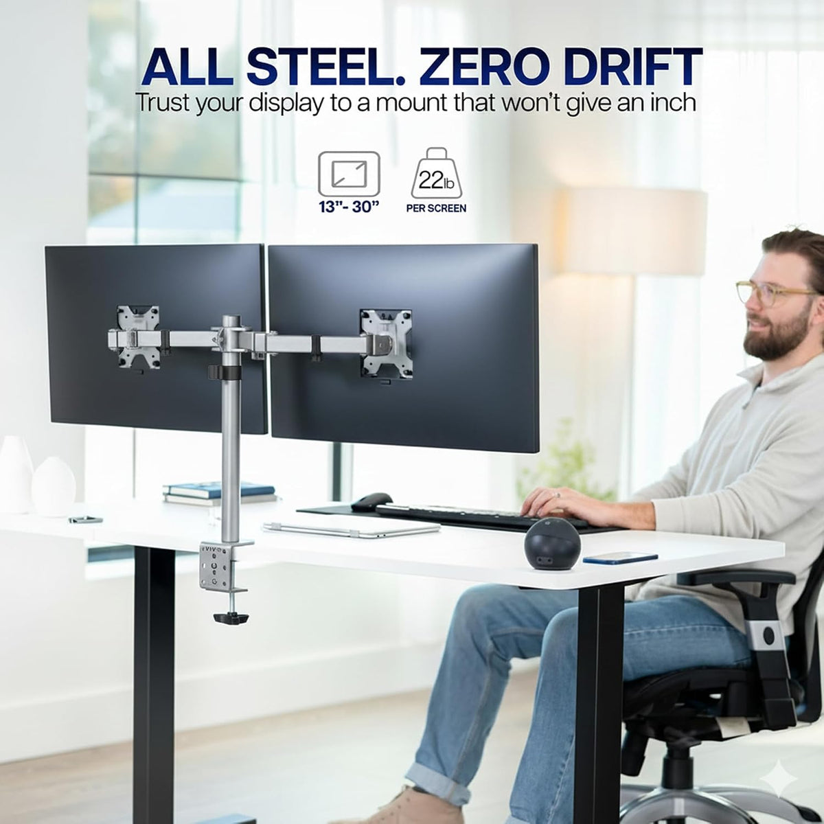 VIVO Dual Monitor Desk Mount, Heavy Duty Fully Adjustable Steel Stand, Holds 2 Computer Screens up to 30 inches and Max 22lbs Each, Gray Color, STAND-V002-GY