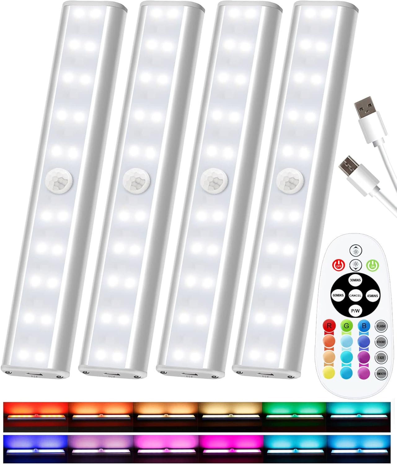 Under Cabinet Lights Wireless, 48-LED Under Cabinet Lighting Rechargeable, Closet Light with Timer & Dimmable, Under Counter Lights for Kitchen Shelf Pantry Desk (4 Packs)