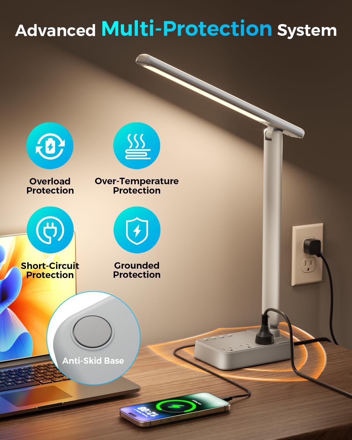 LED Desk Lamp with Power Strip, 3 AC Outlets, 4 USB Ports, Stepless Dimming
