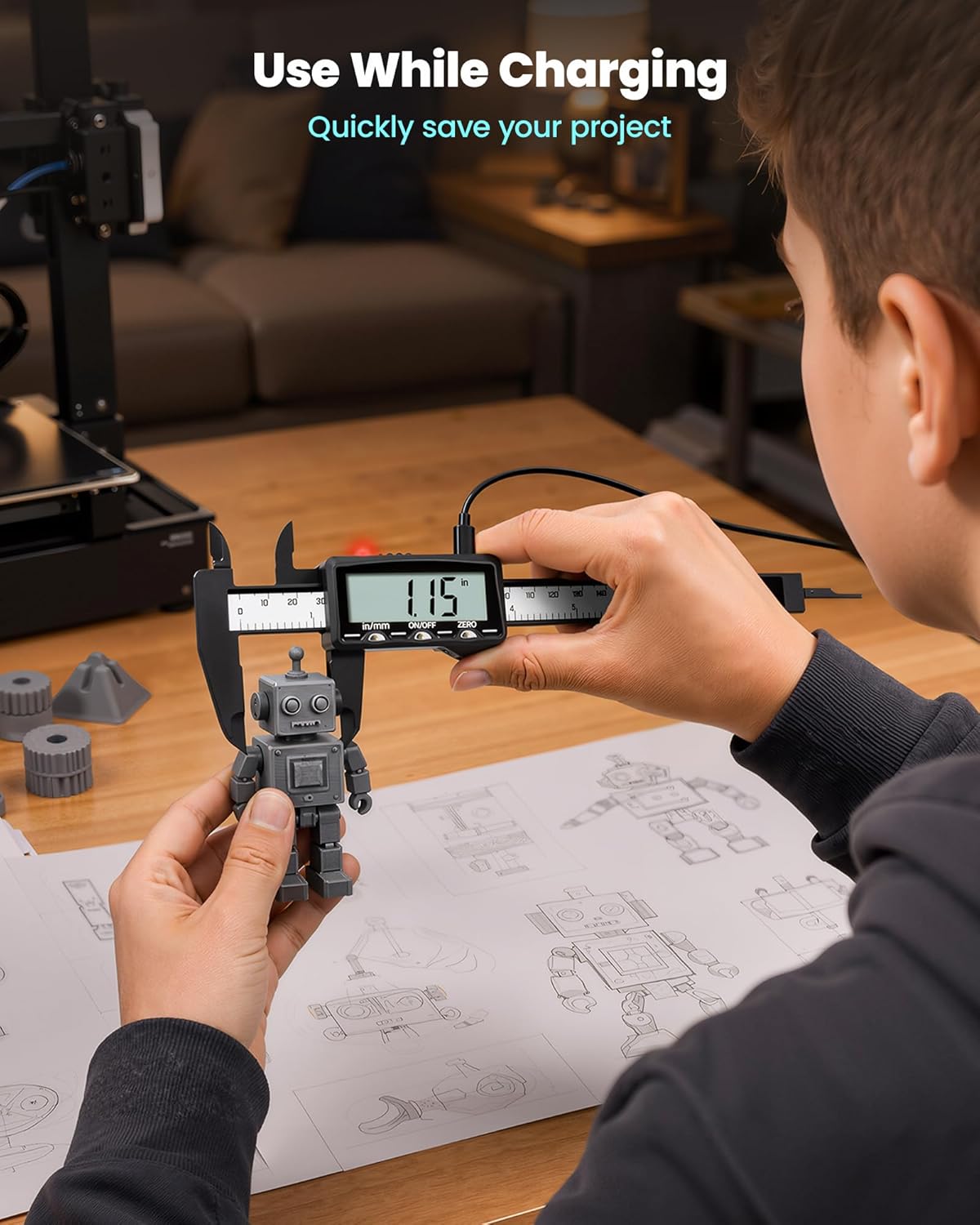 HARDELL Digital Caliper, Rechargeable Plastic Caliper with Type-C Cable | Large LCD Screen | Visual Charging | IN/MM Conversion | Auto-Off | Calipers for Household, Watch, Jewelry, DIY | 6 Inch