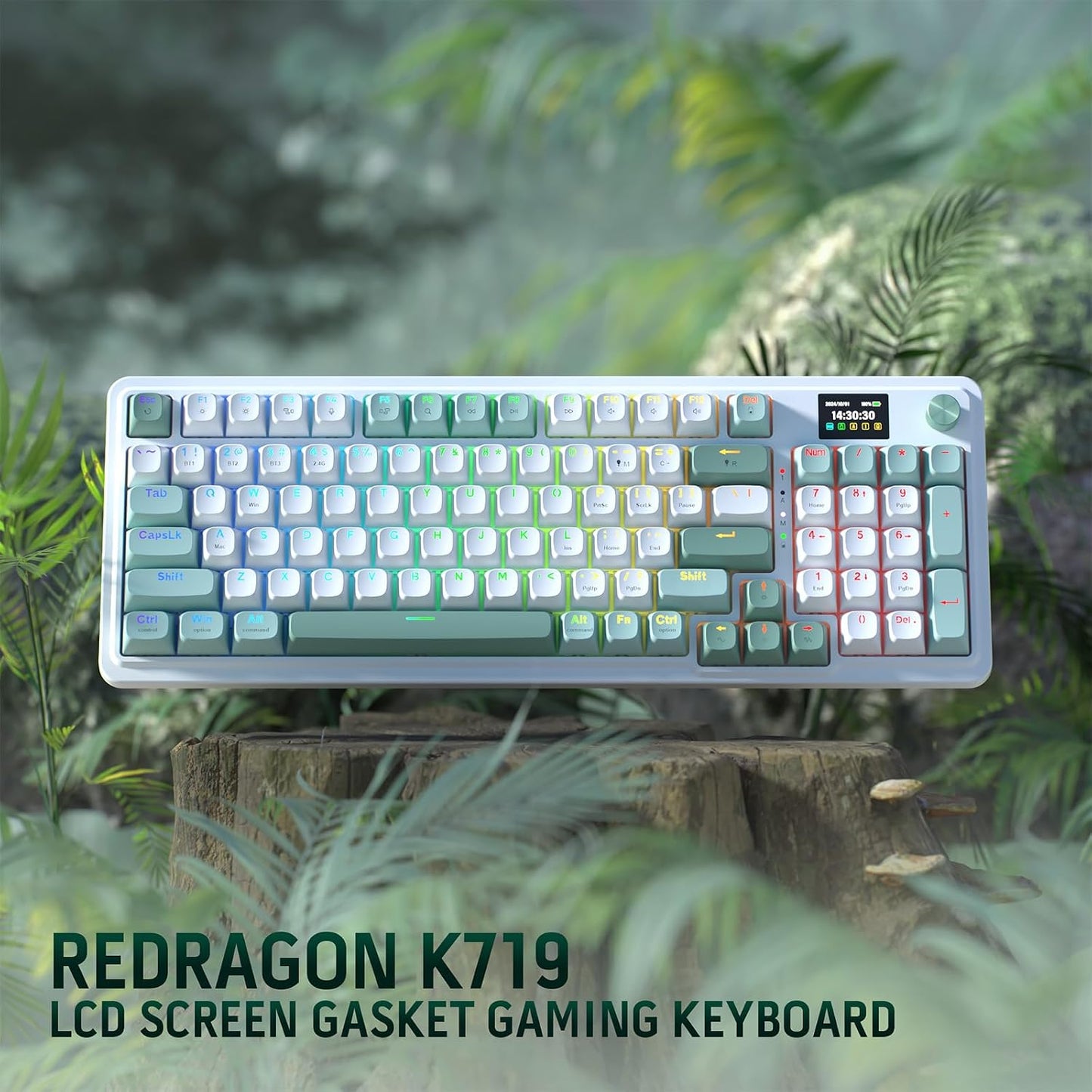 Redragon K719 PRO Wireless 95-Key Gasket Gaming Keyboard, TFT Screen & Knob | Easy-Control LED Info Display, 0-Delay Tri-Mode, Cushioned 5-Layer Noise Dampening for Creamy Thocky Sound, Practical 95 keys