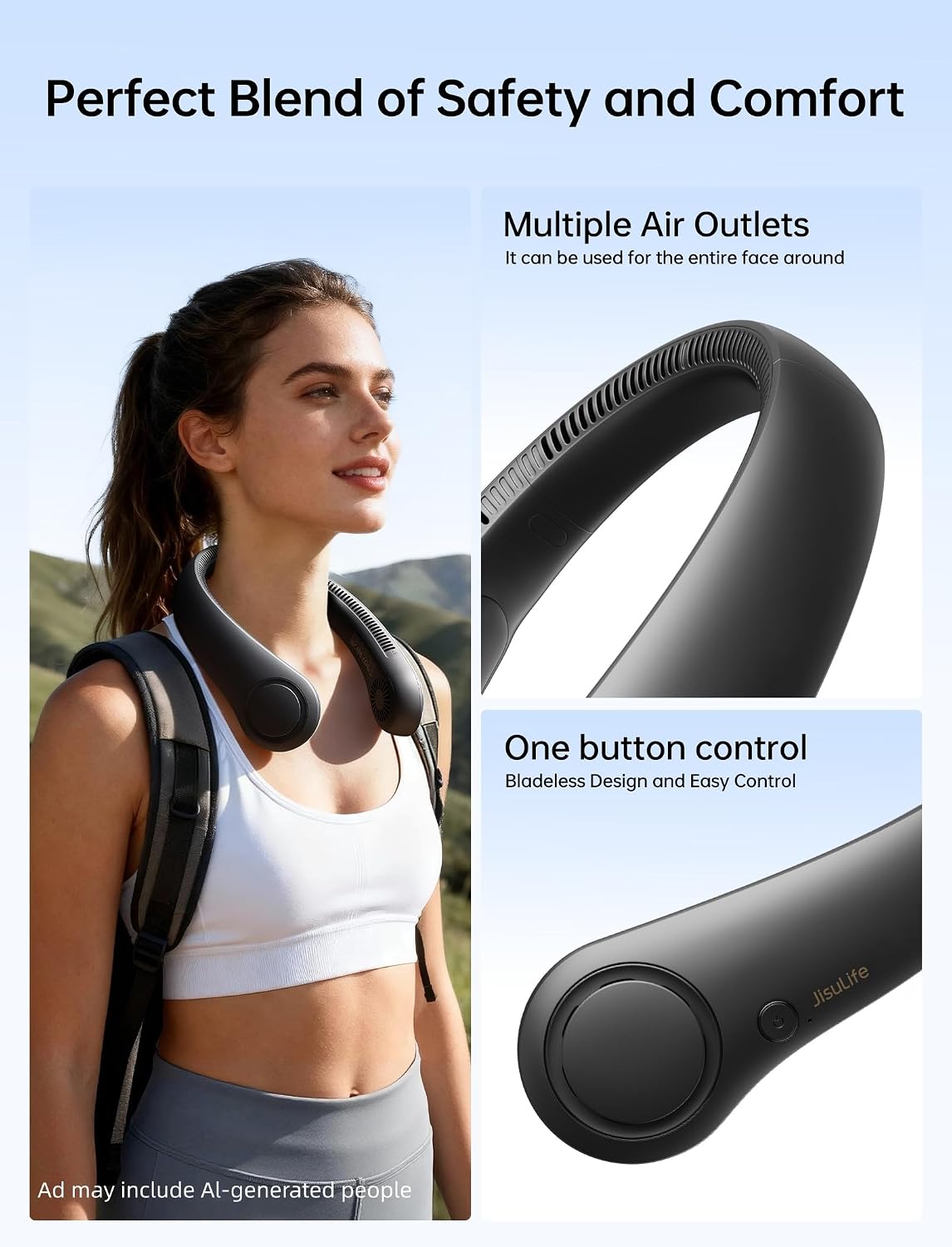 JISULIFE Portable Neck Fan, Hands-Free Bladeless, 5 Speeds, 4000 mAh | Battery Operated Wearable Personal Fan, Twistable, Rechargeable Travel Essentials, Gifts for Women Men-Black