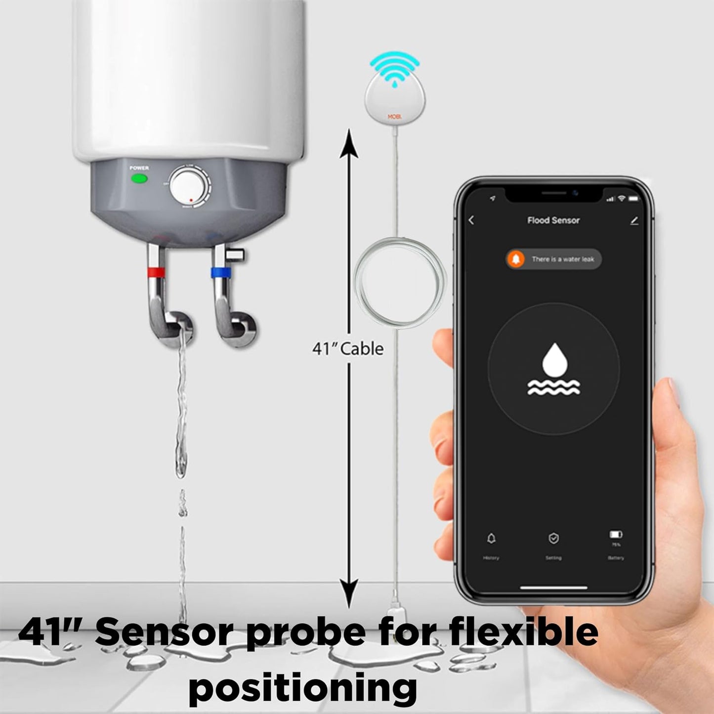 MOBI Smart WiFi Water Leak Detector Sensor (2 Pack), App Alerts, Flood & Leak Alarm, 48” Extension Probe, No Hub Required, 24/7 Monitoring for Basement, Kitchen, Bathroom