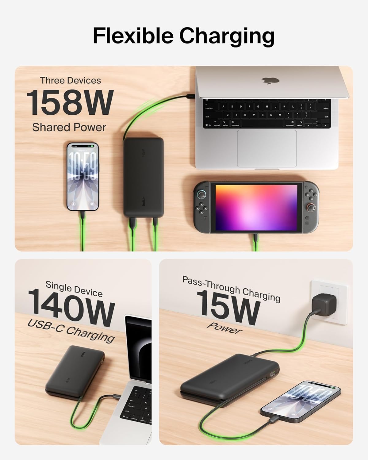 Belkin Portable Charger 25K, Power Bank with Integrated USB C Cable, 158W - Fast Charging Laptop Portable Battery Pack for MacBook Pro 14, iPhone 17 Series, iPad Pro, Galaxy S26, & More - Black