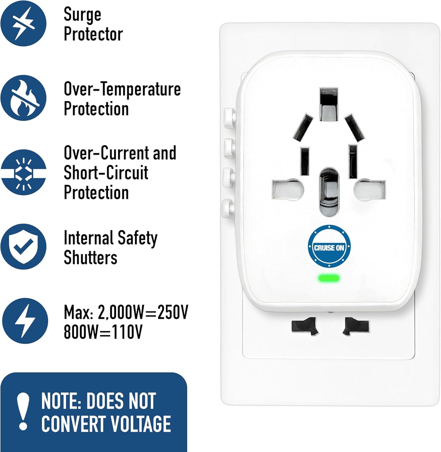 Cruise On Universal Travel Adapter, Cruise Approved (incl Royal Caribbean, Disney, MSC) - International Power Adapter [2 USB-C, 2 USB, AC] World Travel Plug Adapter Converter USA, Italy, Europe, Asia