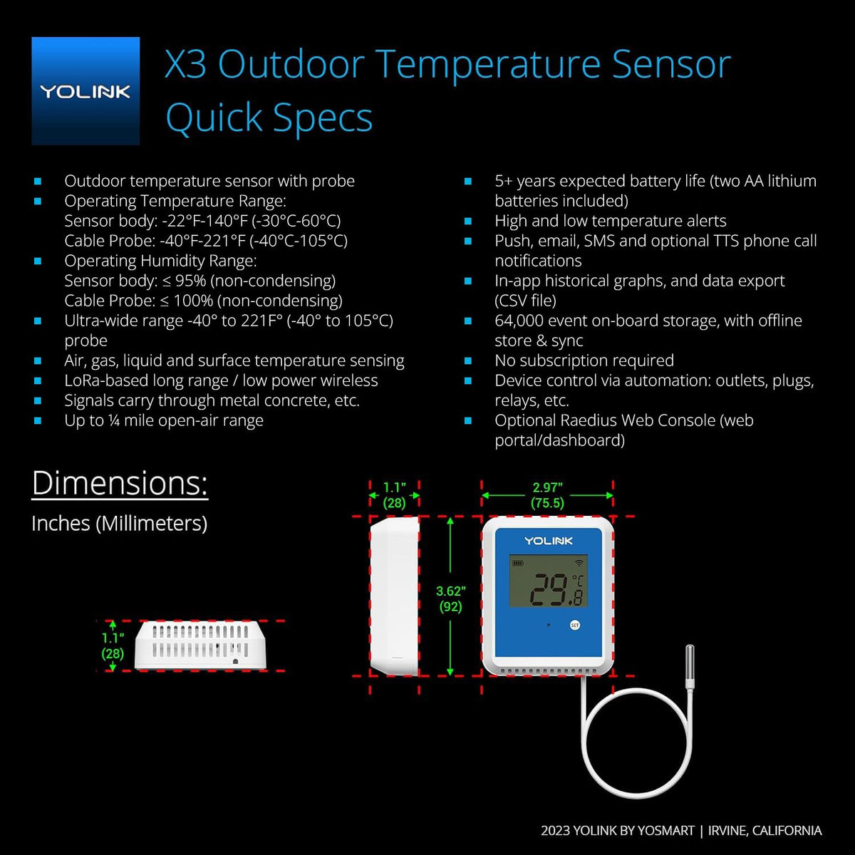 YoLink Smart X3 Version Outdoor Temperature Data Logger with Probe, Thermometer, 1/4 Mile Range, 5+ Years Battery Life, Emails, Text, App Alerts, Alexa, IFTTT. Pool, Hot Tub, Fish Tank. Hub Required!