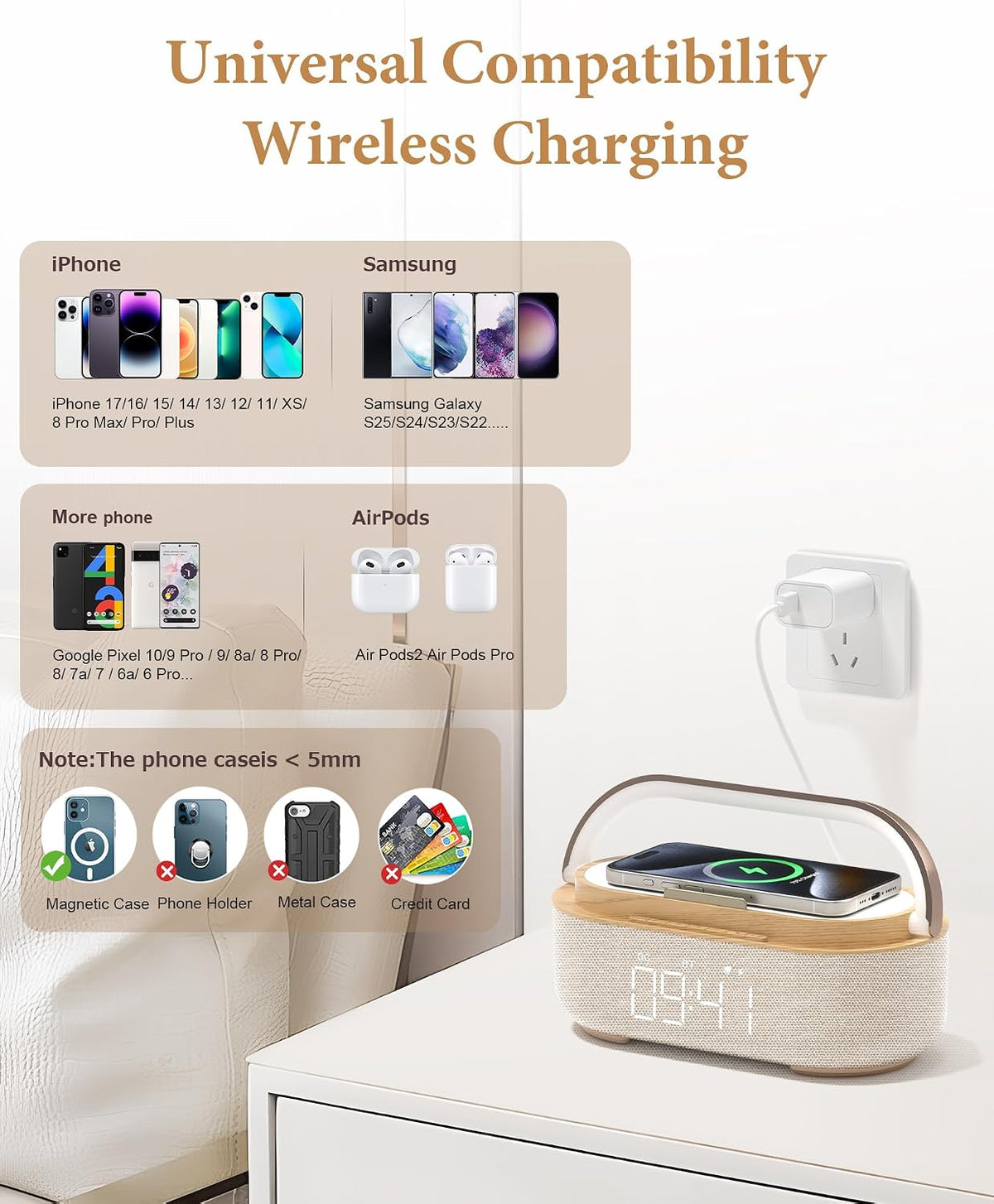 Bluetooth Speaker Alarm Clock & Wireless Charger for Bedside, Home, Office