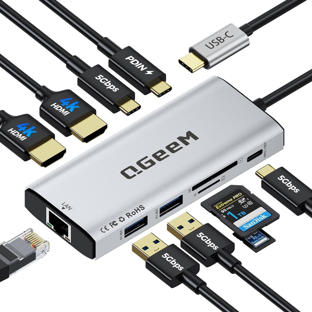 USB C Hub,10 in 1 Laptop Docking Station 2x4K@60Hz,Type-C Multiport Adapter with Dual HDMI,PD100W,5Gbps Data Ports,Extender Splitter,Card Reader,Ethernet Dock for Mac/Dell/HP/Surface/Steam Deck