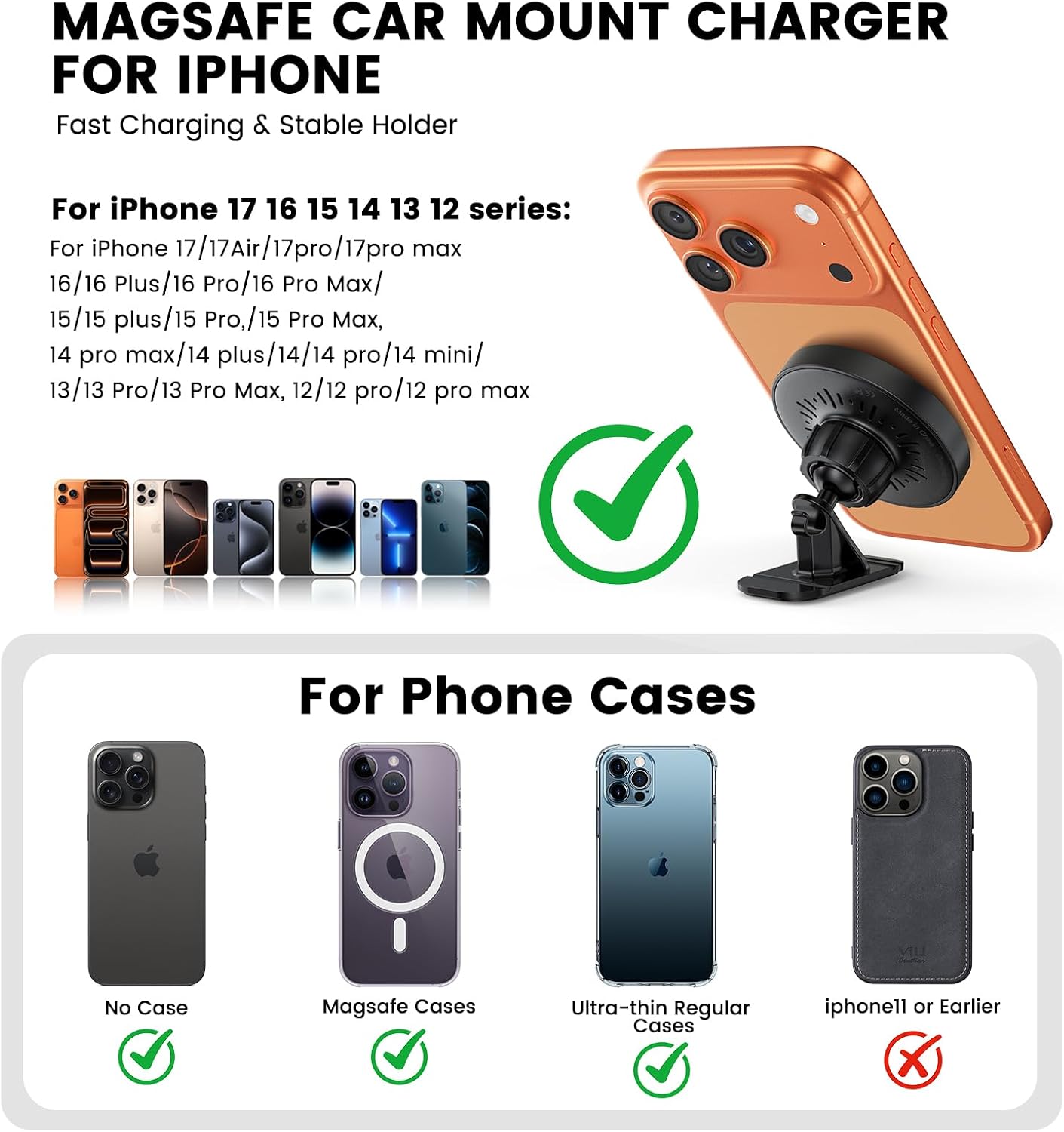 Magnetic Car Mount Charger 15W Magnetic Wireless Car Charger for iPhone 17 Accessories Magnetic Phone Holder for Car 3 in 1 Magnetic Car Mount for iPhone17Pro/16/15/14/13/12 Series Gifts for Men Women