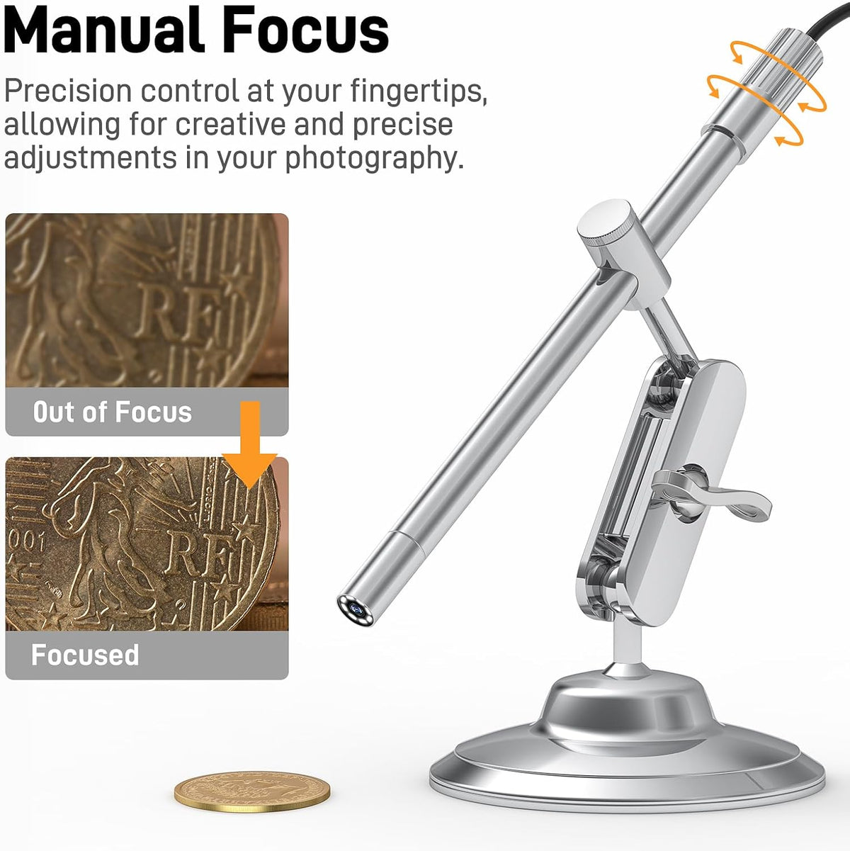 Teslong USB-C Digital Microscope 10X-200X for Coin & Electronics Inspection | Handheld Camera with 8 LEDs & Rotating Metal Stand - Compatible with iPhone 15+ & Android, PC, for Skin, Jewelry, Lab Work