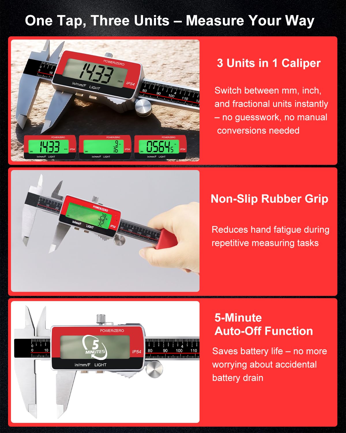 GODSEON 6" Digital Caliper, USB-C Rechargeable Backlight LCD ±0.001" Accuracy, Inch/mm/Fraction Units 5 Modes Auto-Off, Stainless Steel Calipers for DIYers Woodworkers Jewelers, 3D Printing