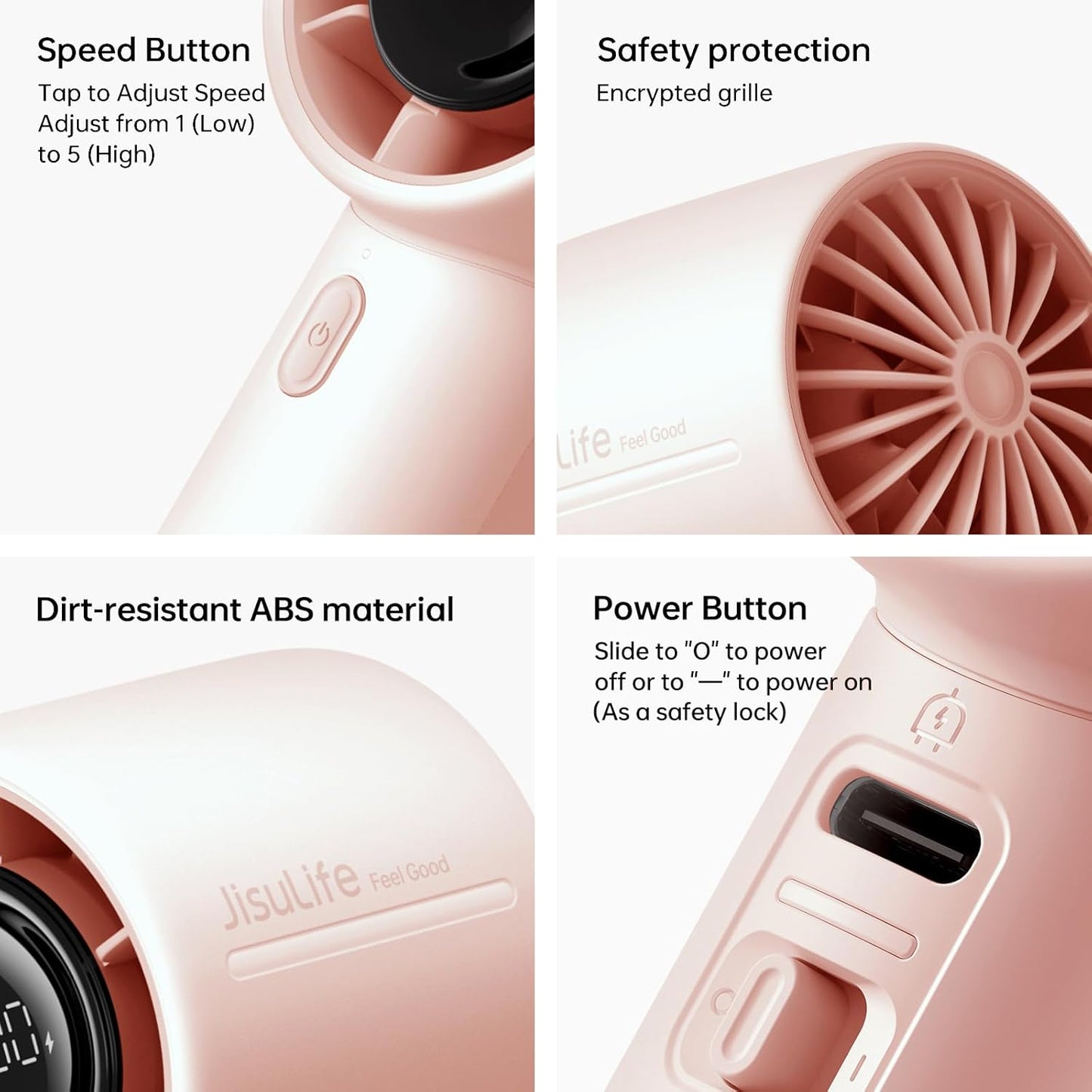 JISULIFE Handheld Turbo Fan Life10S, 28H Max Runtime, 5-Speed - Pink | Travel Essential for Outdoor, Camping, Beach & Makeup, 5000mAh Battery, Powerful Airflow, Ultra-Quiet, Gift for Women & Men