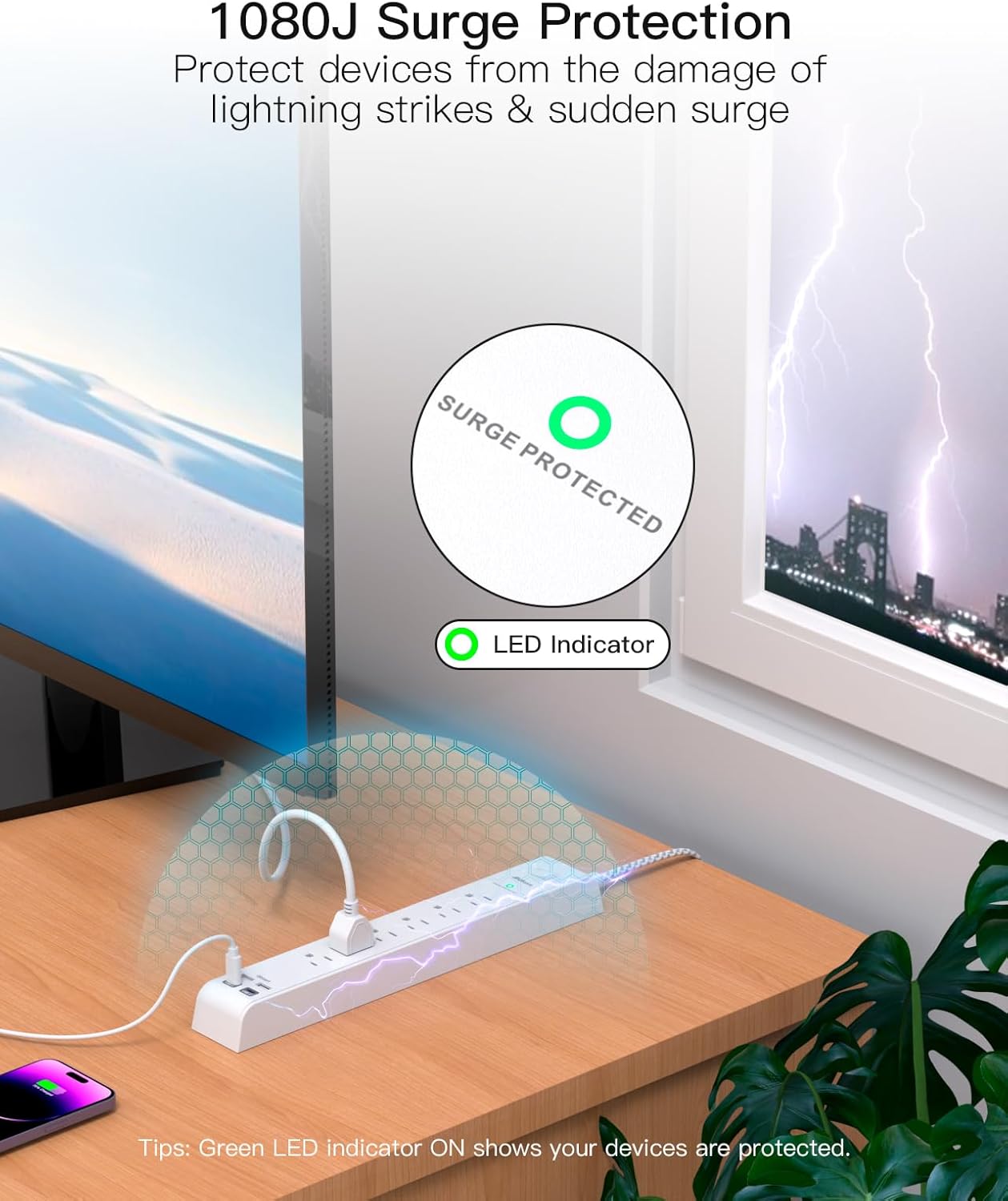 Mifaso Surge Protector Power Strip 10FT, Flat Plug, 6 AC & 4 USB (2 USB-C) | Desk Charging Station, Long Extension Cord with Multiple Outlets, Wall Mountable for Home, Office, Dorm Essentials, 1080J