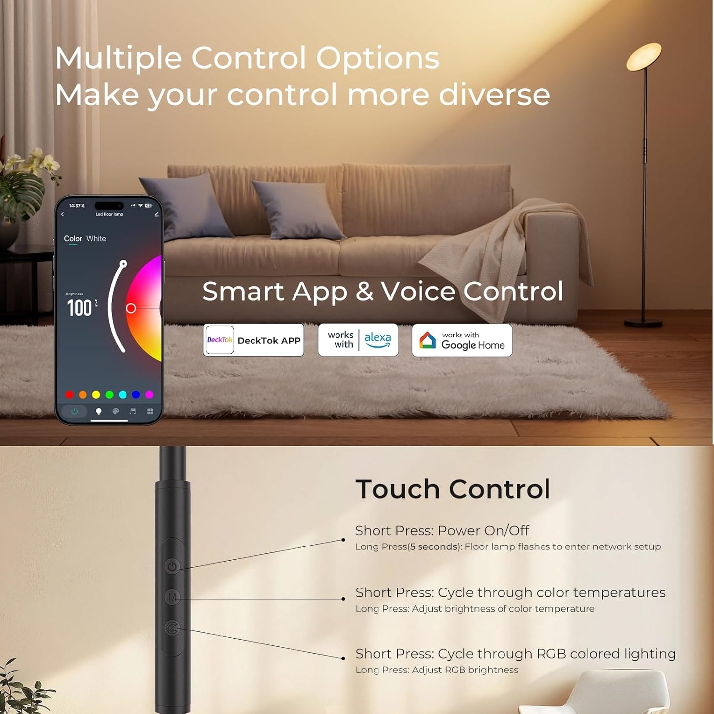 Floor Lamp, RGBWW Smart Standing Lamps for Living Room, App & Voice Control