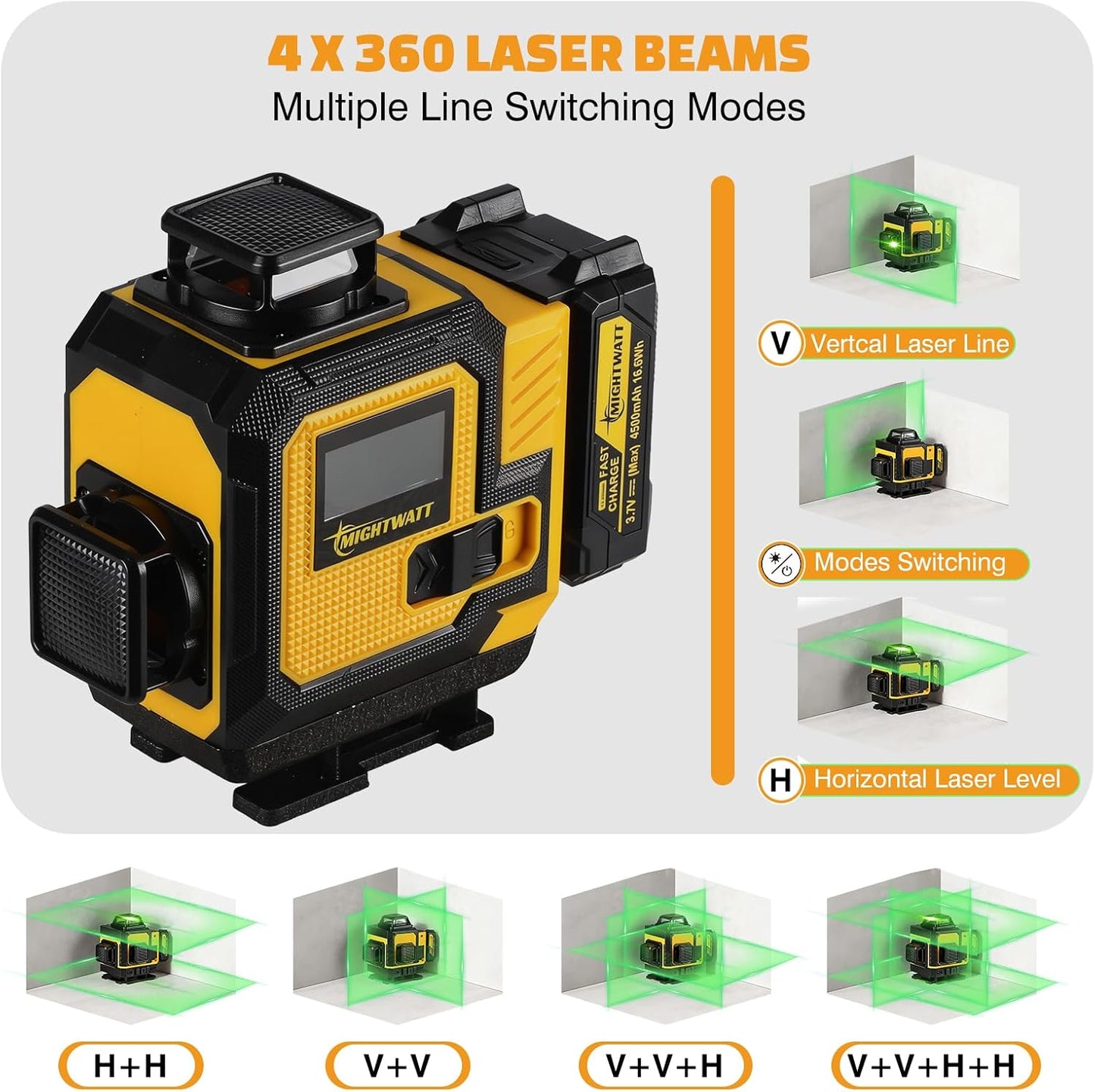 4D 16 Line 360° Self Level Green Laser Level Kit Tripod Battery Bracket | 360° all around Laser Lines Auto Self Leveling Function High Precision Layout Tool