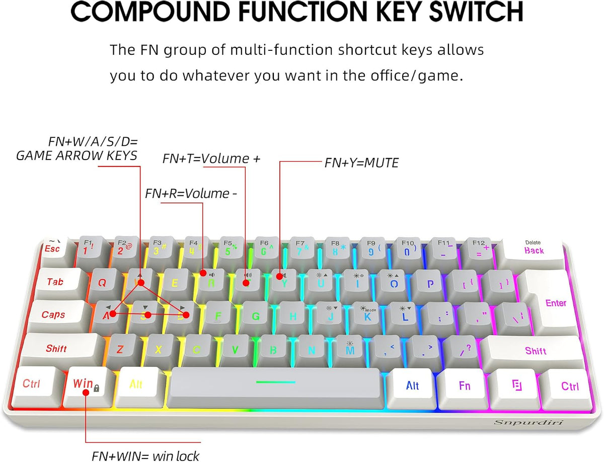 Snpurdiri 60% Wired Gaming Keyboard, 61 Keys RGB (White-Grey)
