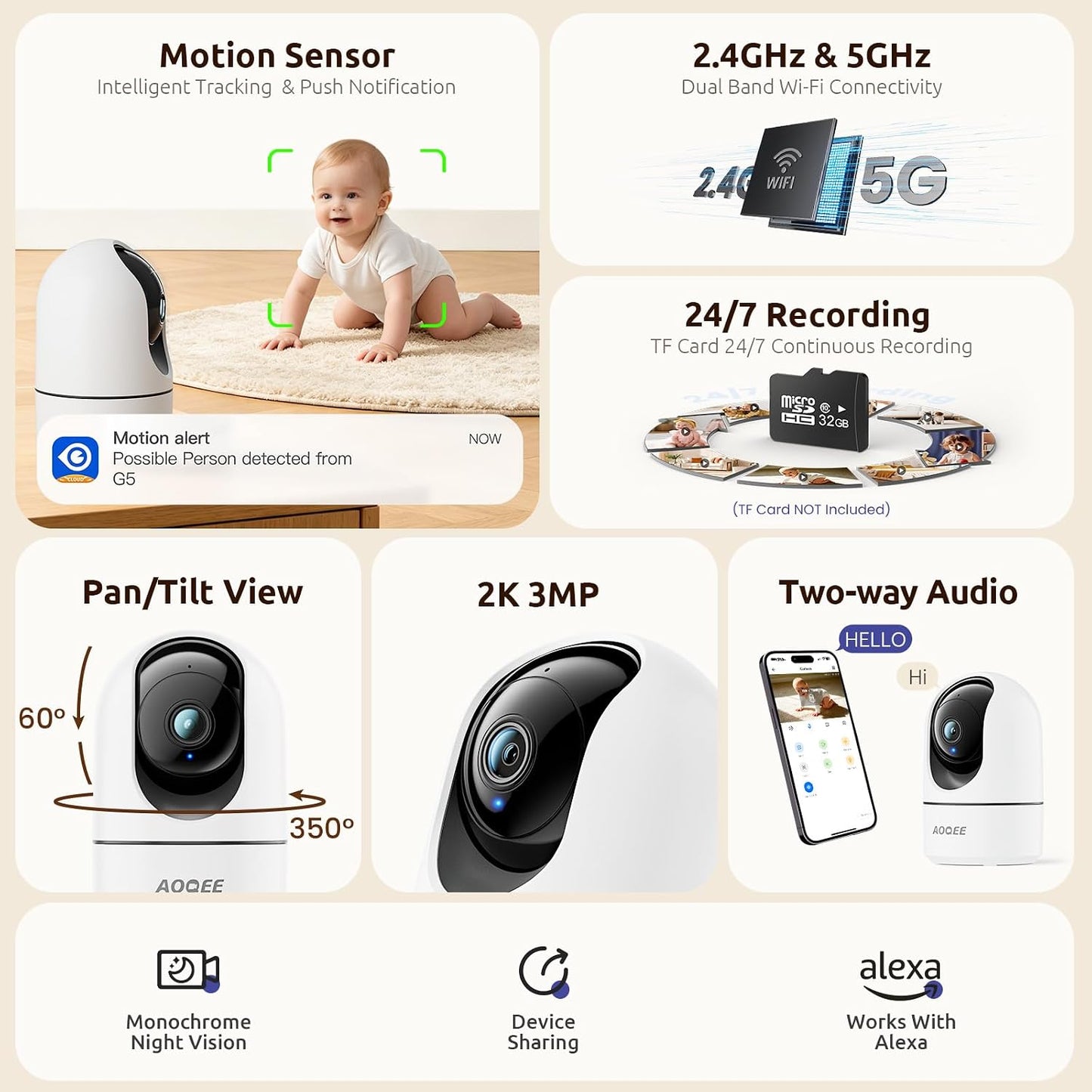 AOQEE 5G Indoor Camera-2K Pet Camera with Phone App, Dual-Band Wi-Fi Cameras for Home Security, 360° PTZ Auto-Tracking to Monitor Dog/Cat/Puppy, Motion Alert, 24/7 TF Card Storage, Plug-in, G5 2pack