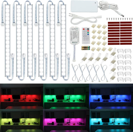 Under Cabinet LED Lighting RGB Color Changing &amp; Super Bright White Light | Dimmable with Remote. 6 pcs Linkable LED Light Strips with Power Supply, Extension Cords. Plug in. Max 24W. RGB + 5000K