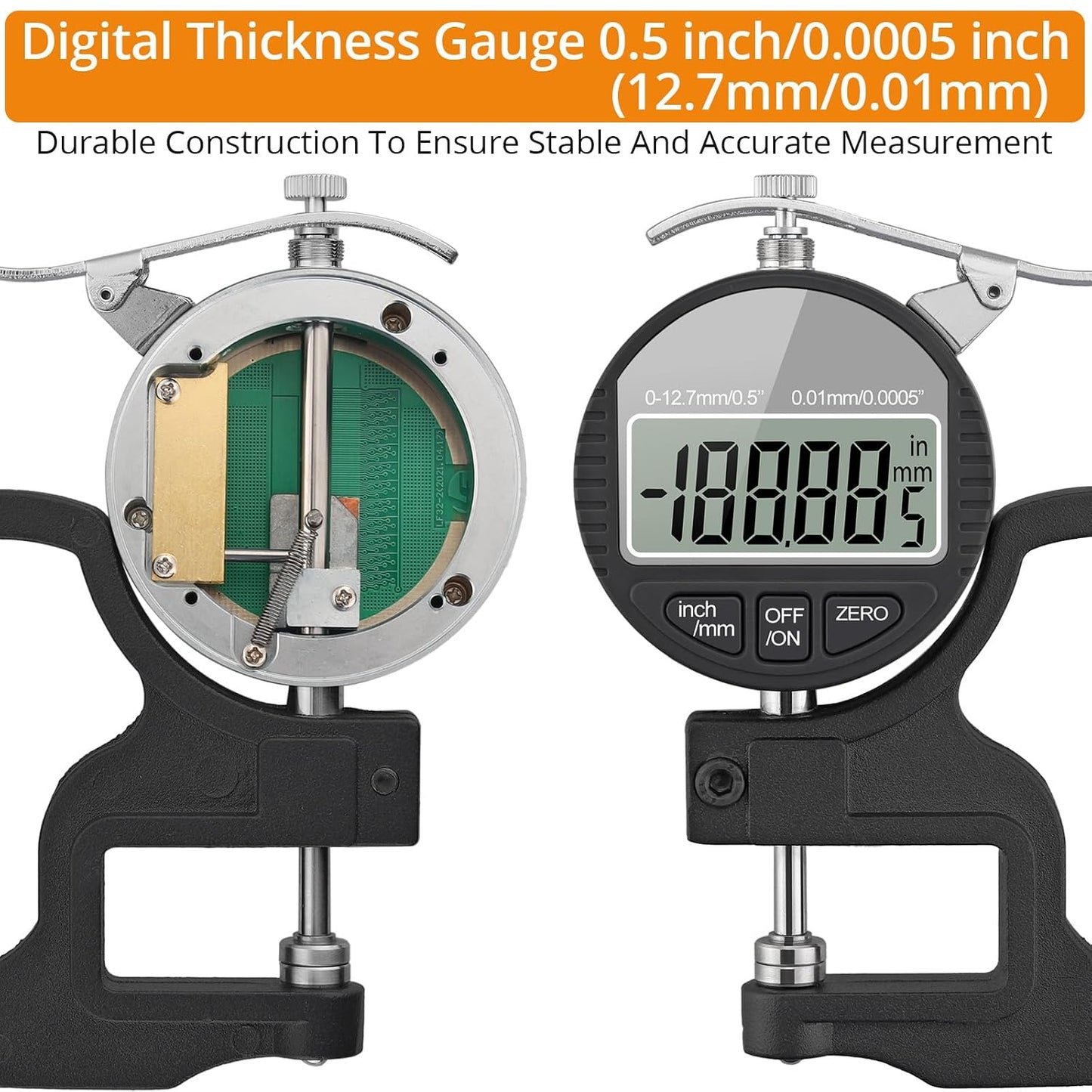 Neoteck Digital Thickness Gauge 0.5inch/12.7mm,0.0005inch/0.01mm Accuracy | with LCD Display, Inch/MM Conversion ,One-Hand Quick Press Thickness Measuring Tool for Leather Paper Fabric Film -Grey