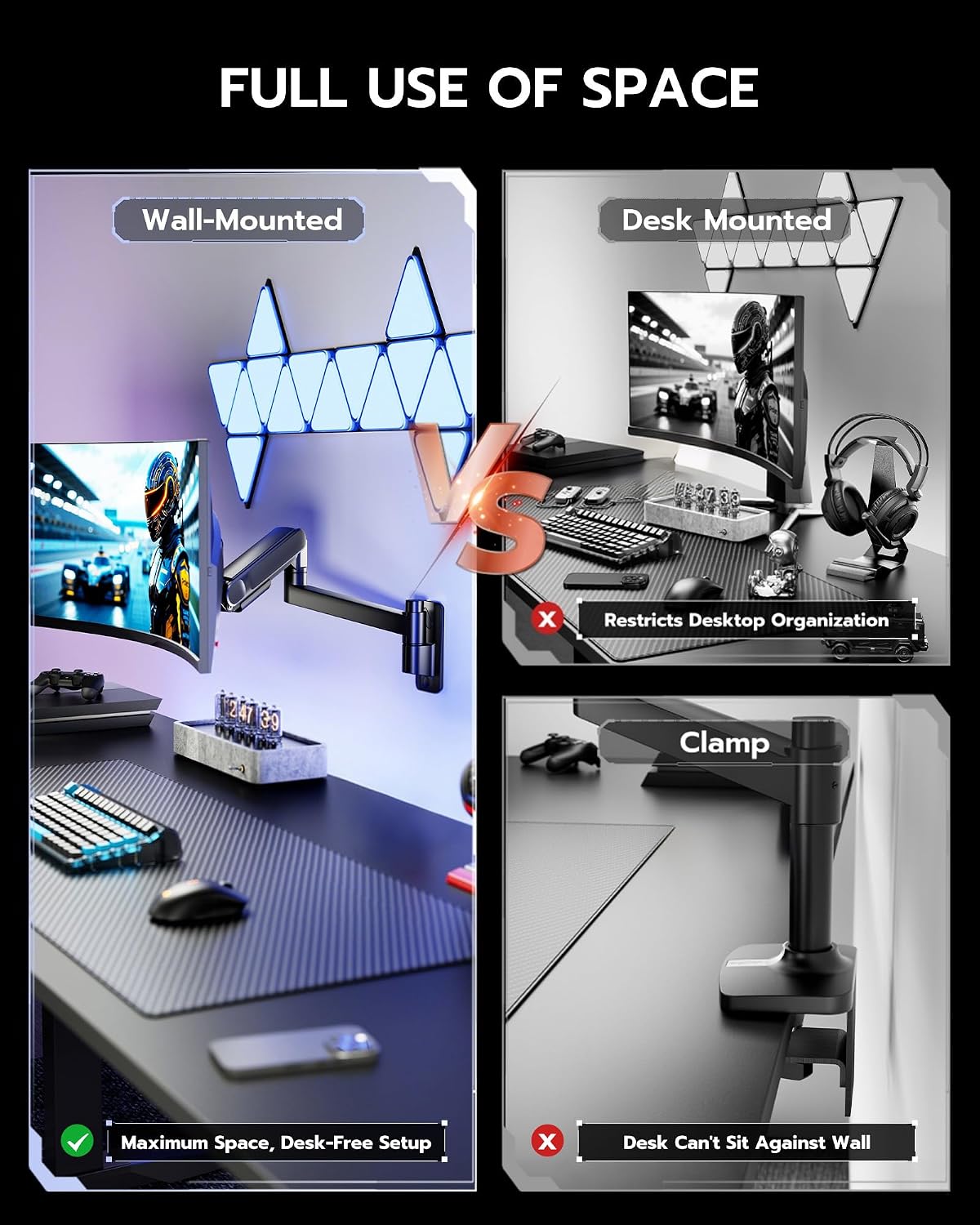 ARES WING Monitor Wall Mount for 24-57 Inch Ultrawide Screen, Black | Premium Heavy Duty Gaming Monitor Arm for 60 lbs, Full Motion Gas Spring, Bearing Head for Easy Adjustment, 75/100 VESA Mount