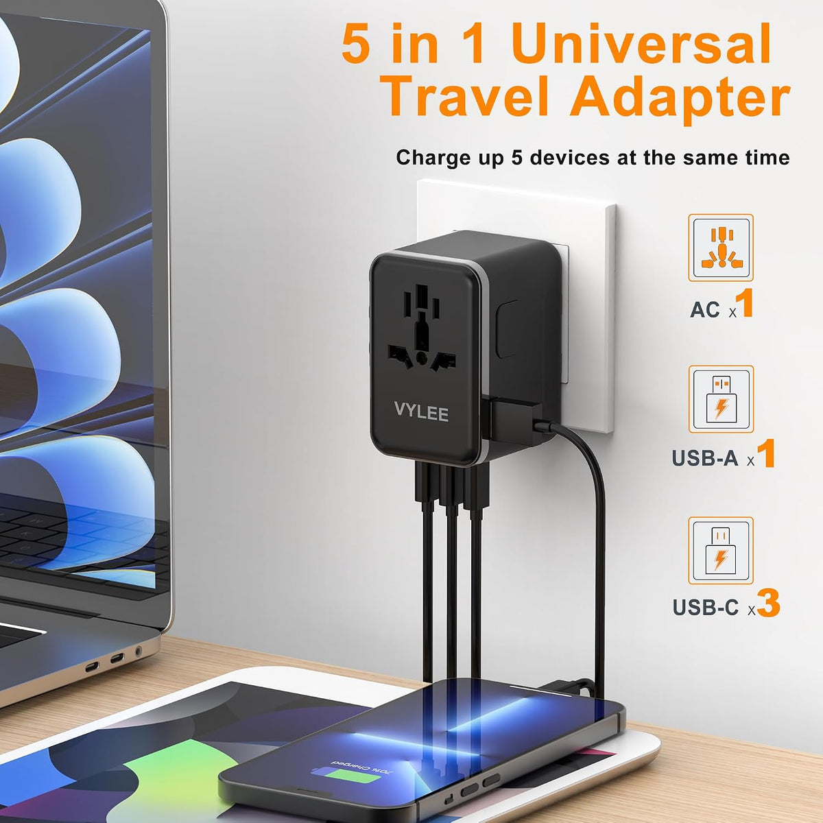 VYLEE 70W GaN International Travel Adapter, Universal Travel Adapter | 3 USB-C & 1 USB-A Ports, Worldwide Wall Charger for US to Europe, UK, Ireland, AU, Asia, Works in 200+ Countries
