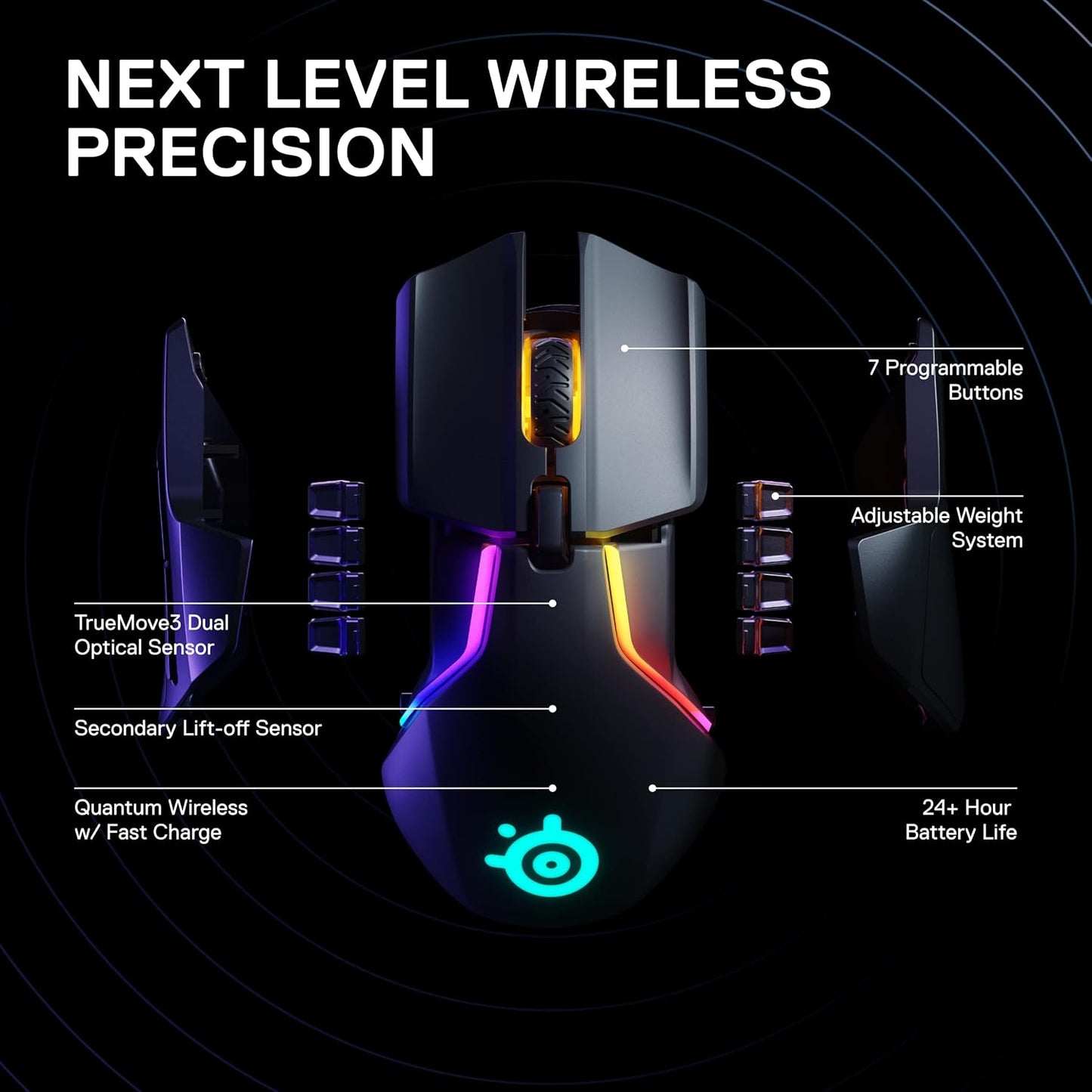 SteelSeries Rival 650 Quantum Wireless Gaming Mouse - Rapid Charging, 12,000 Cpi Dual Sensor, 256 Weight Configs, 8 Zone RGB Lighting
